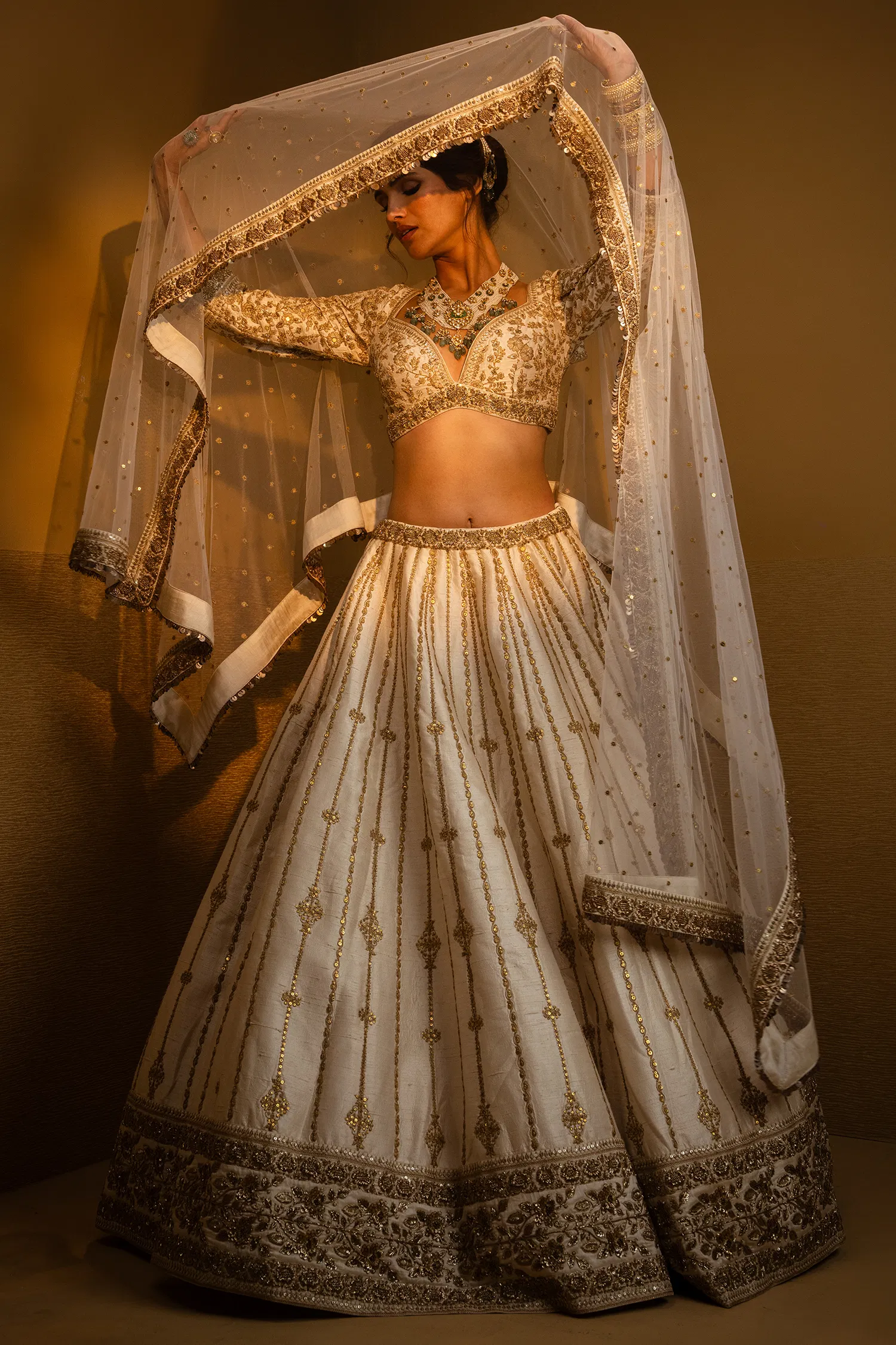 Cream Raw Silk Sequin Embroidered Designer Bridal Lehenga with Plunging Sweet Heart Neckline Blouse - Image 2