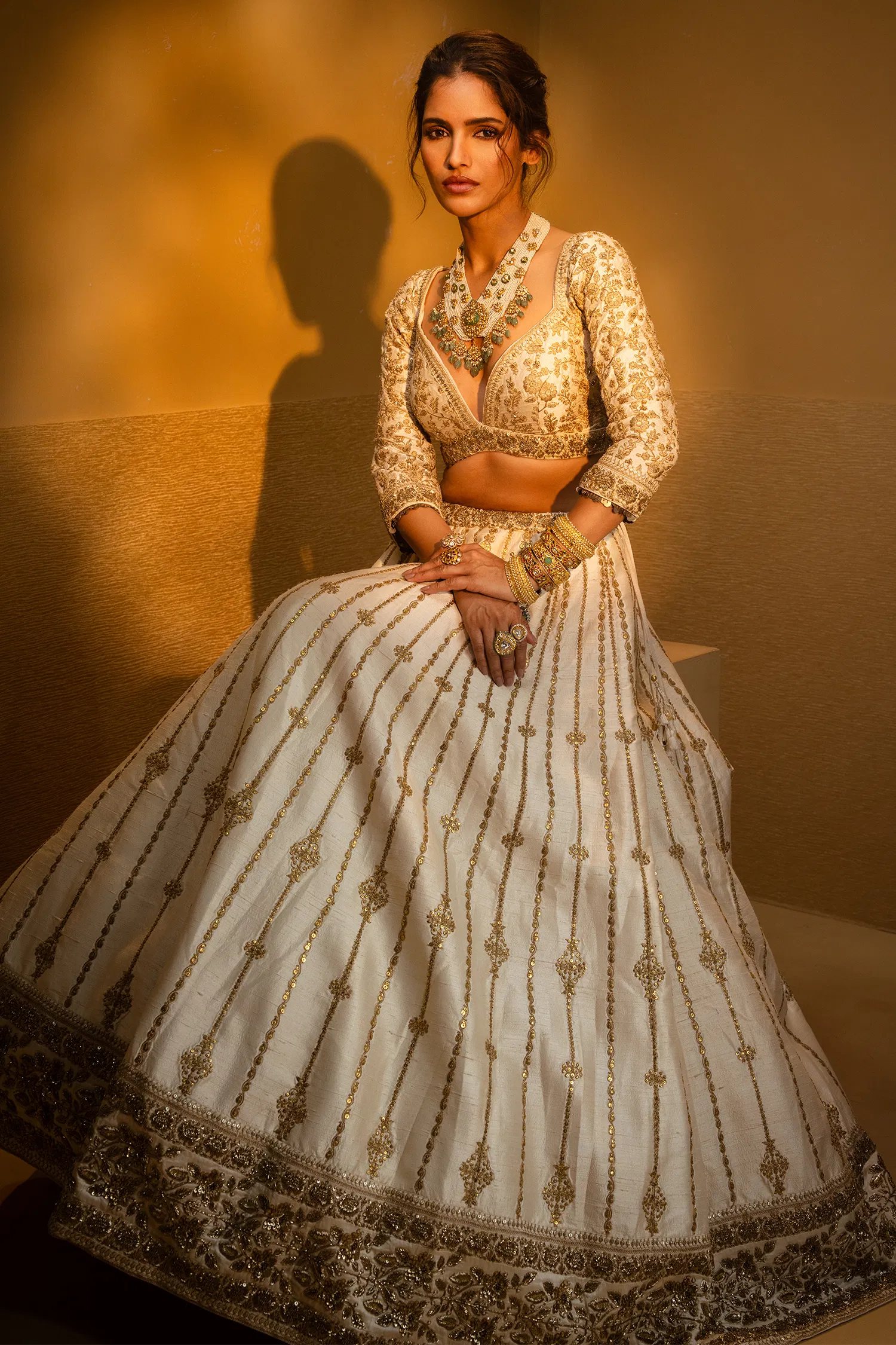 Cream Raw Silk Sequin Embroidered Designer Bridal Lehenga with Plunging Sweet Heart Neckline Blouse - Image 3