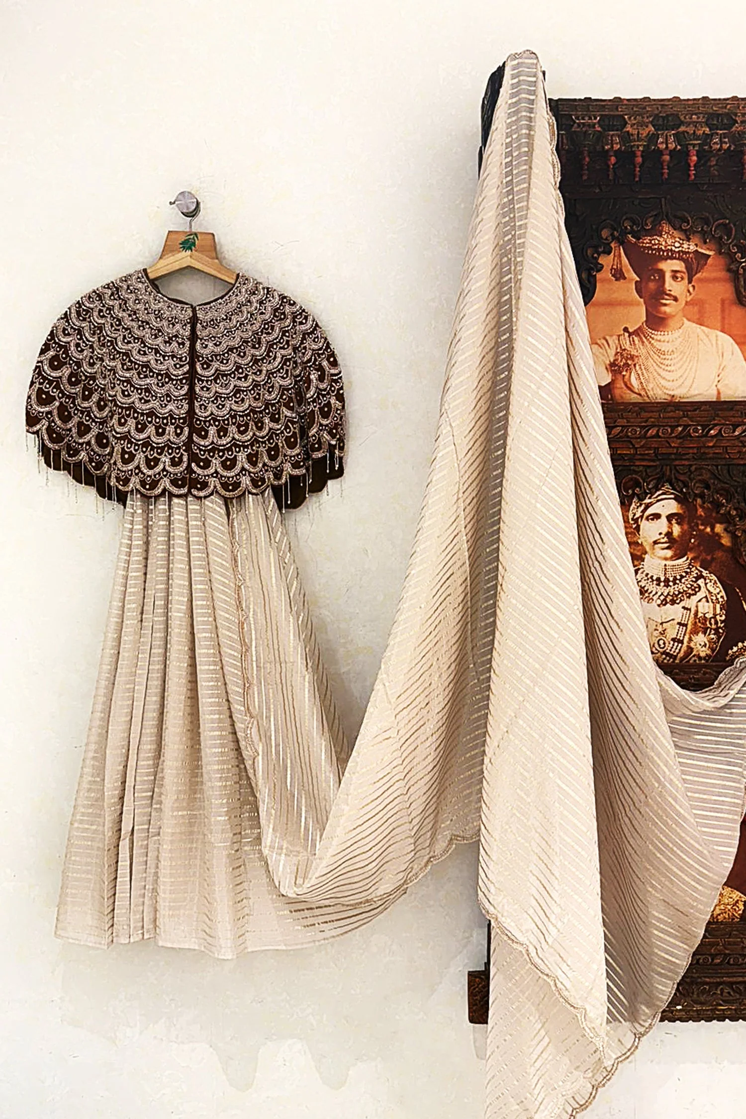 Cream Soft Organza Silk Weaving Stripe Saree with Poncho Blouse and Cutdana Work Scallop Border - Image 2