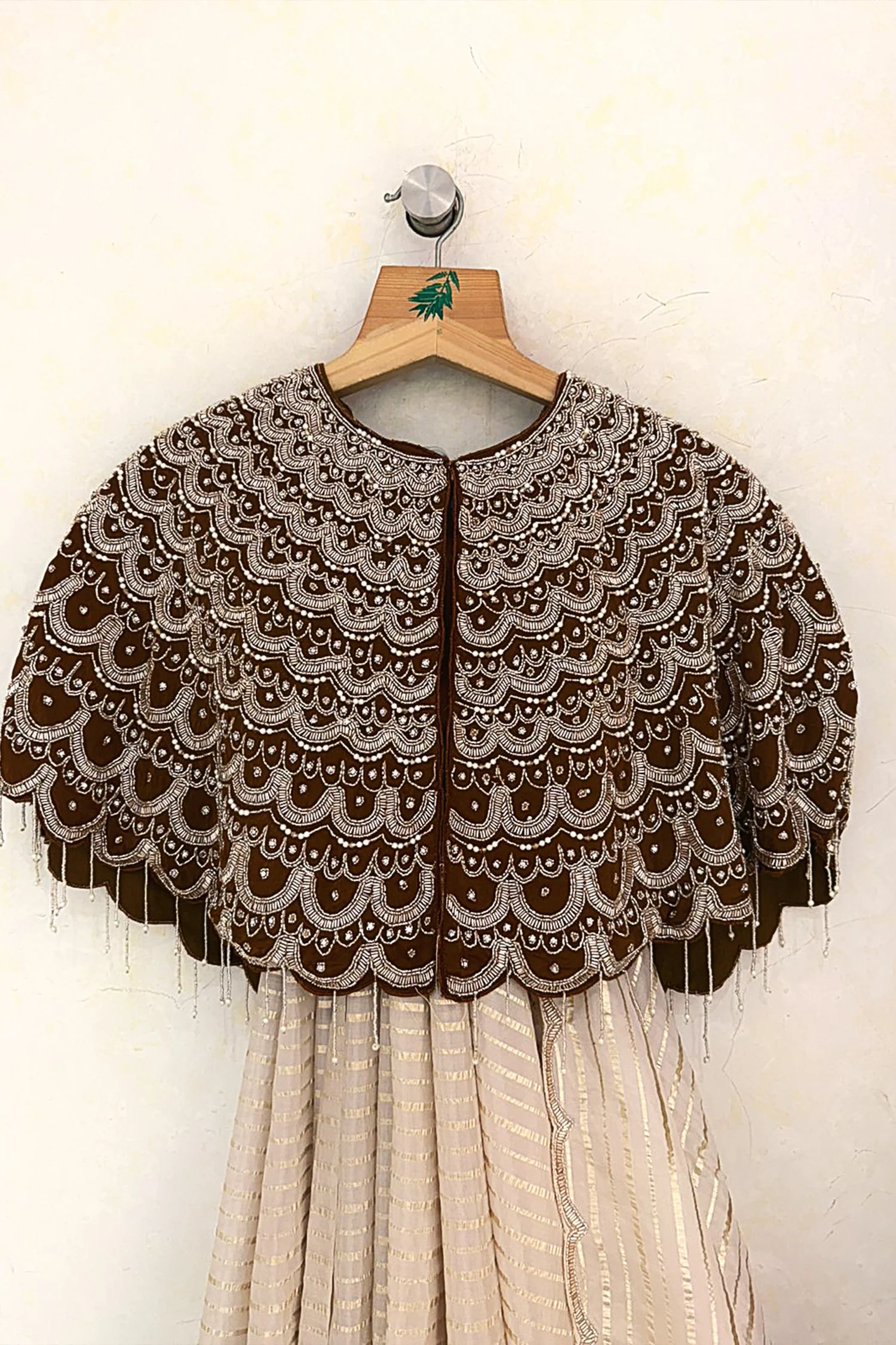 Cream Soft Organza Silk Weaving Stripe Saree with Poncho Blouse and Cutdana Work Scallop Border - Image 3