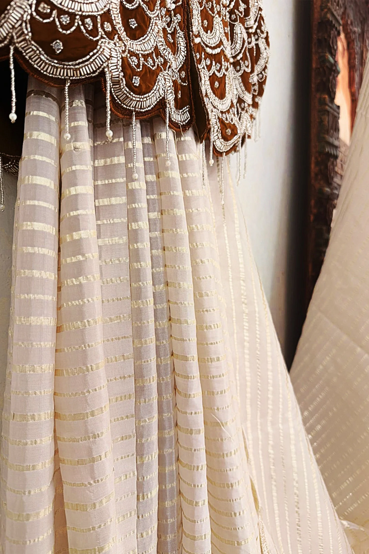 Cream Soft Organza Silk Weaving Stripe Saree with Poncho Blouse and Cutdana Work Scallop Border - Image 4