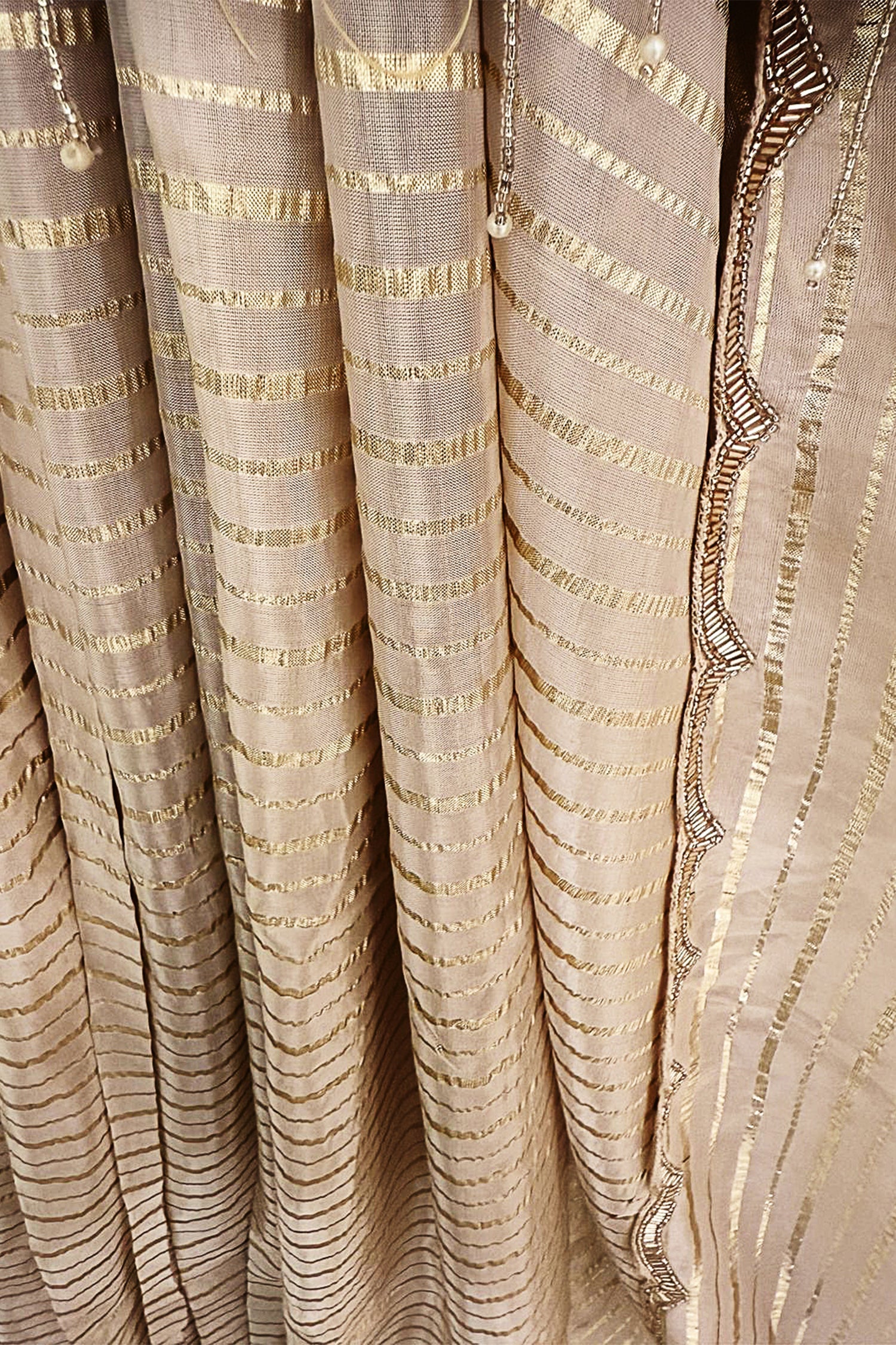 Cream Soft Organza Silk Weaving Stripe Saree with Poncho Blouse and Cutdana Work Scallop Border - Image 5