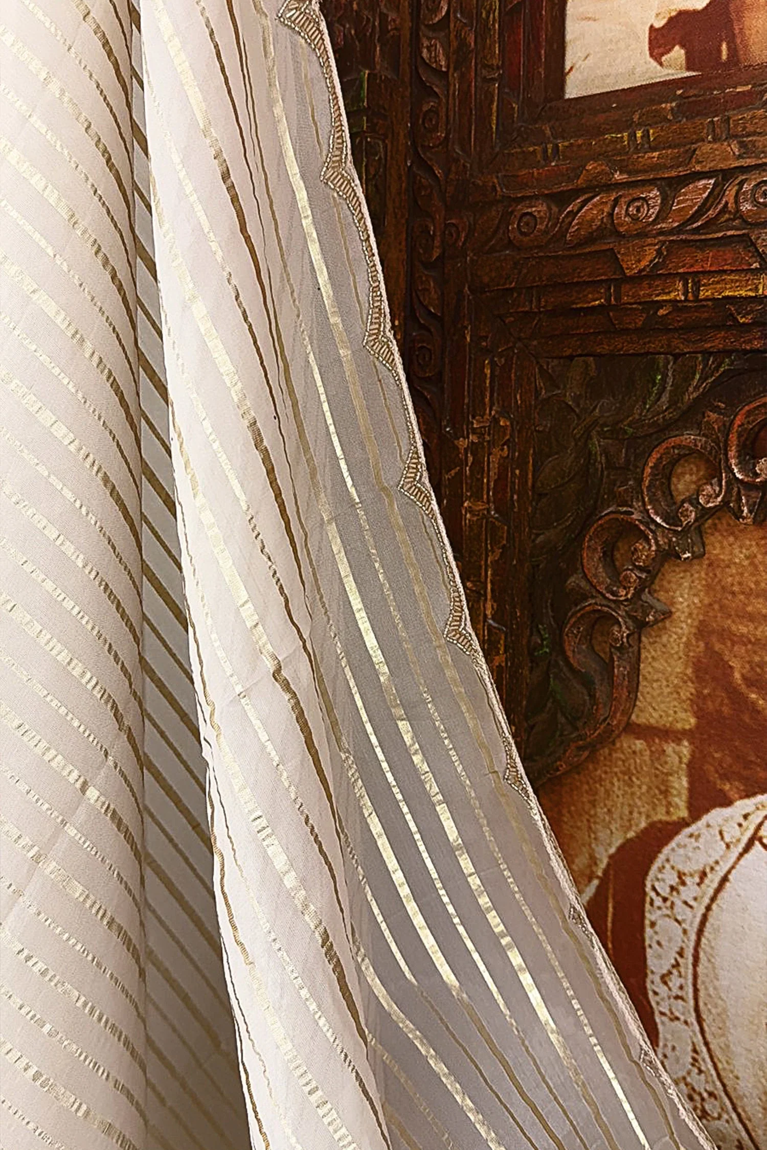 Cream Soft Organza Silk Weaving Stripe Saree with Poncho Blouse and Cutdana Work Scallop Border - Image 6