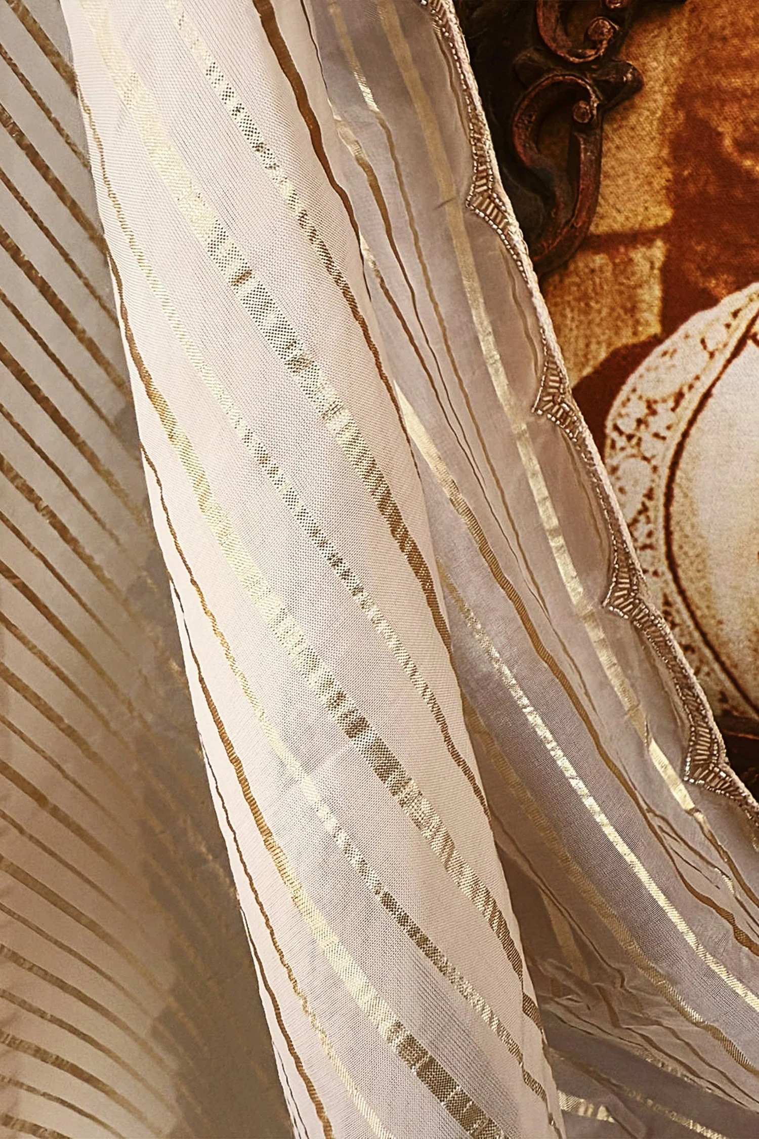 Cream Soft Organza Silk Weaving Stripe Saree with Poncho Blouse and Cutdana Work Scallop Border - Image 7