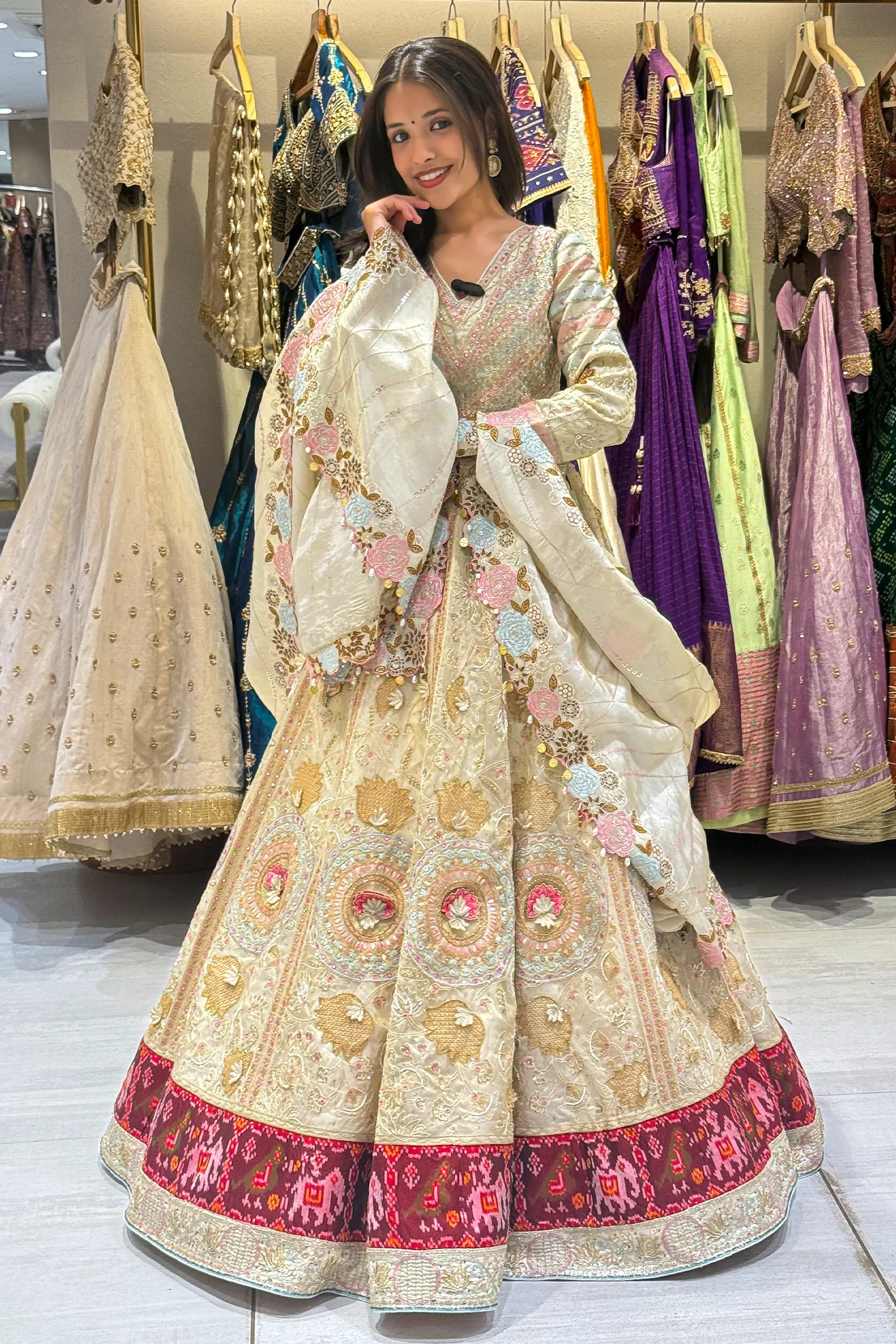 Cream Tissue Desginer Floral Patch Lehenga with Patola Border - Image 2