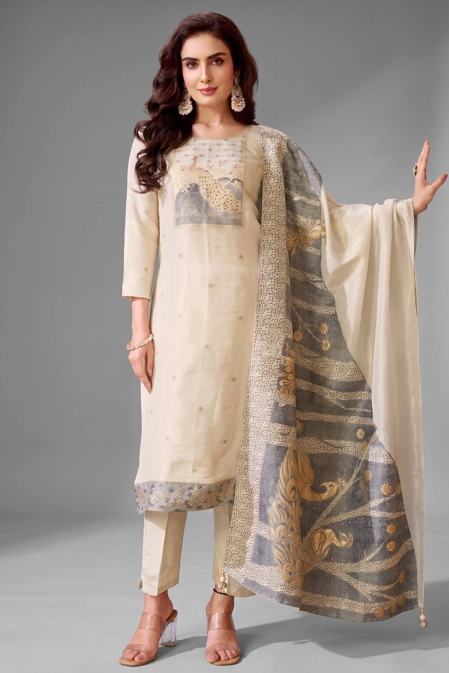 Cream Tissue Embroidered and Sequin Worked Crop Top Palazzo Set with Jacket