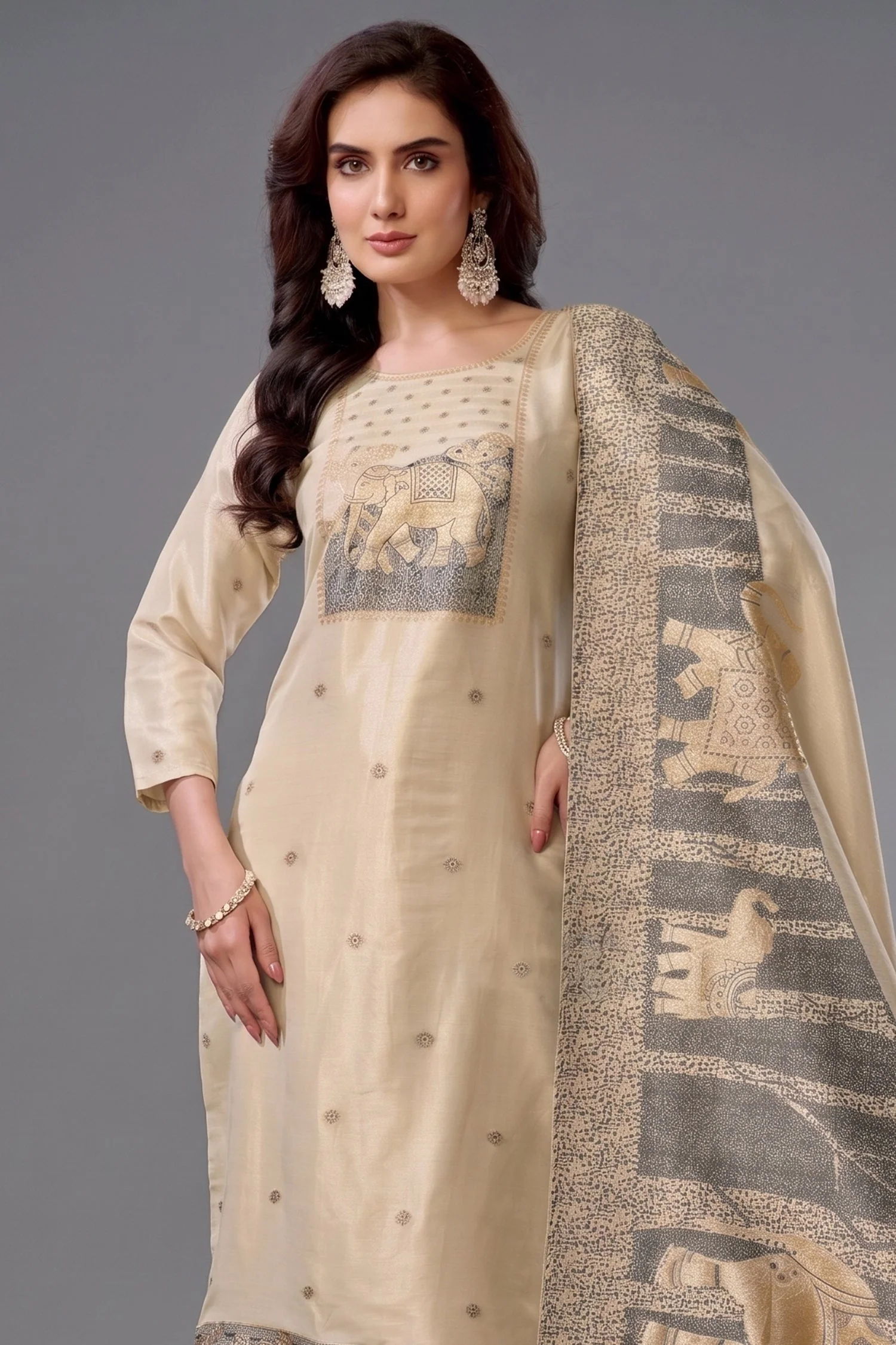 Cream Tissue Embroidered and Sequin Worked Crop Top Palazzo Set with Jacket - Image 2