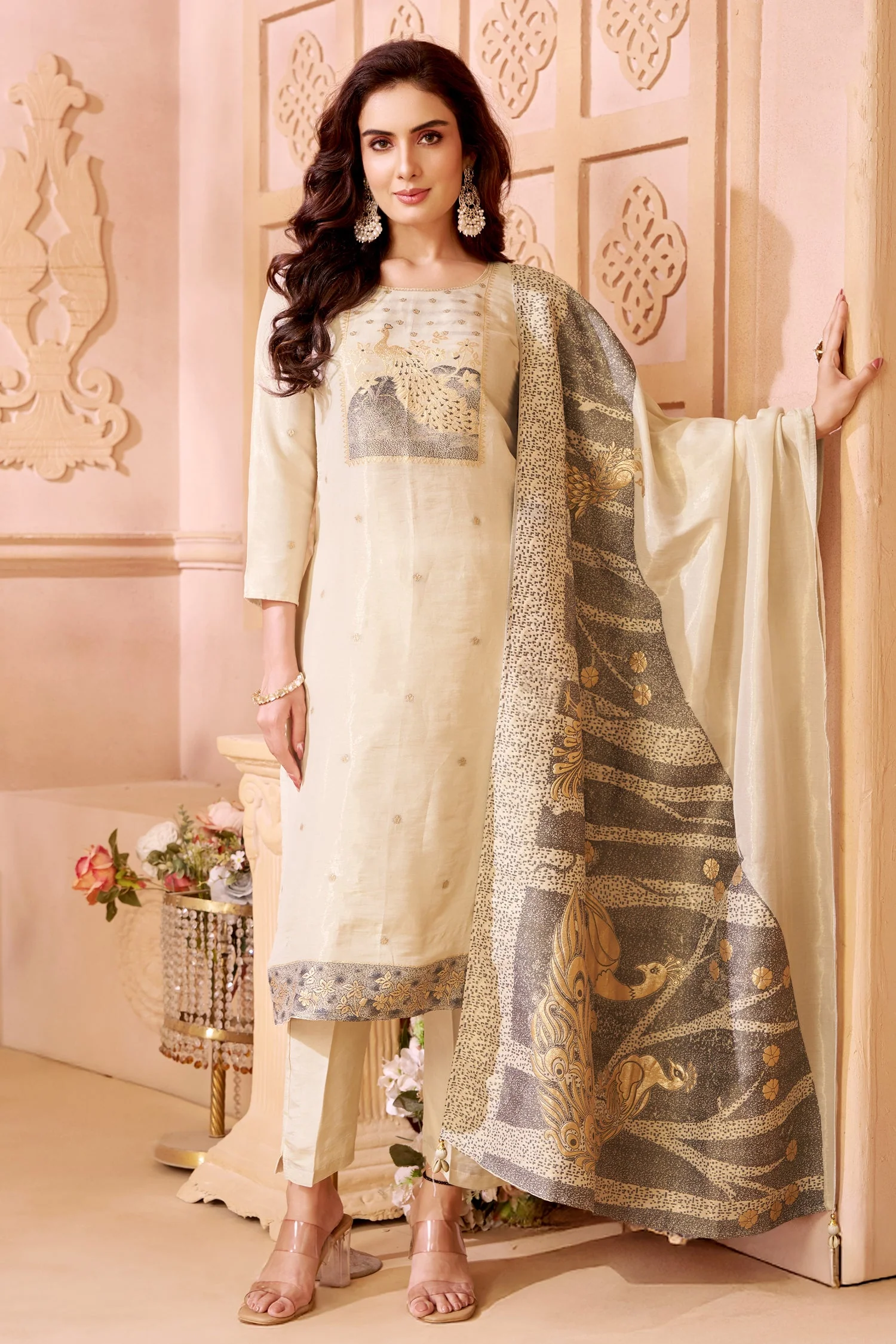 Cream Tissue Embroidered and Sequin Worked Crop Top Palazzo Set with Jacket - Image 3