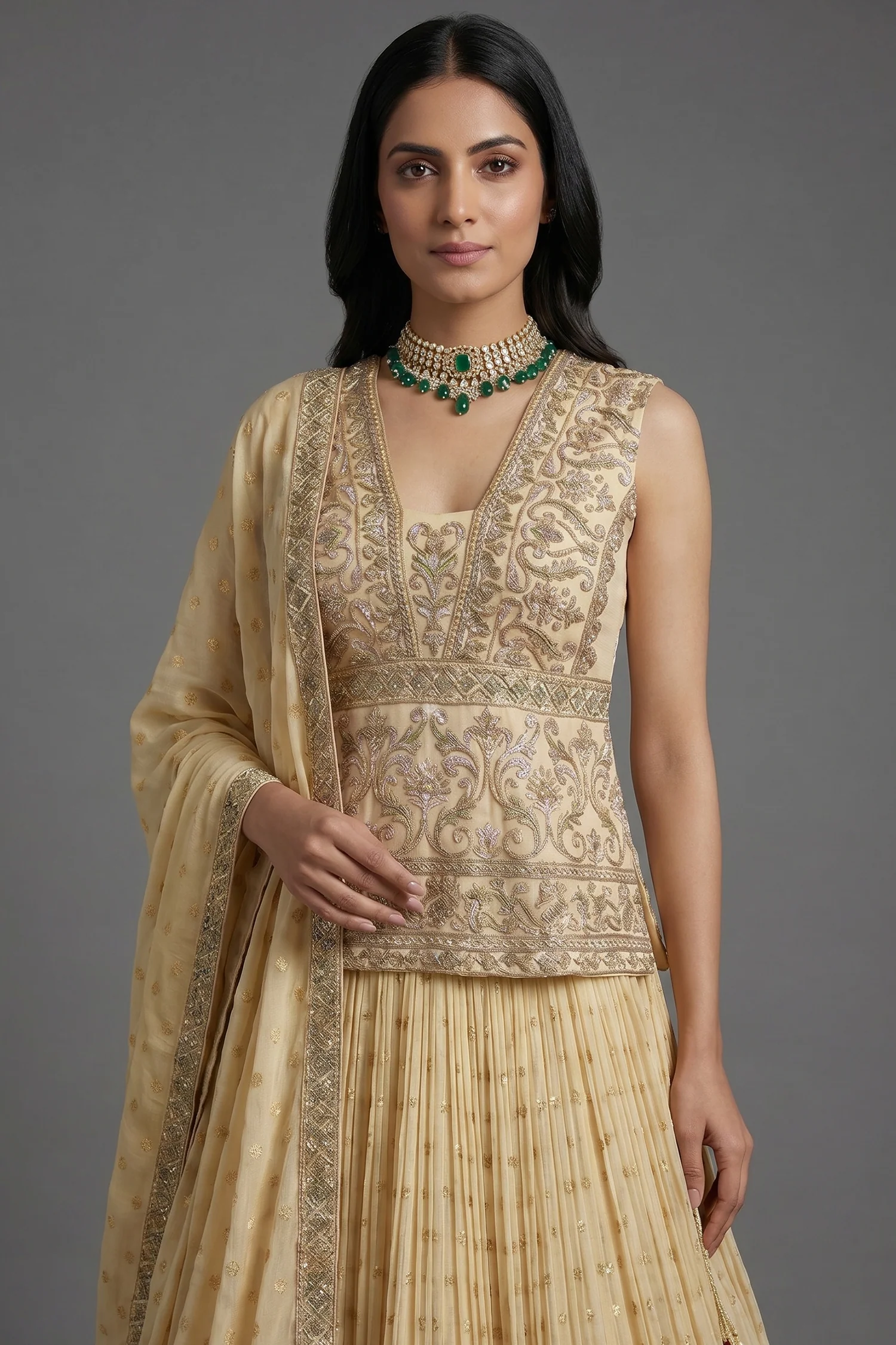 Cream Tissue Embroidered Lehenga Choli with Dupatta - Image 2