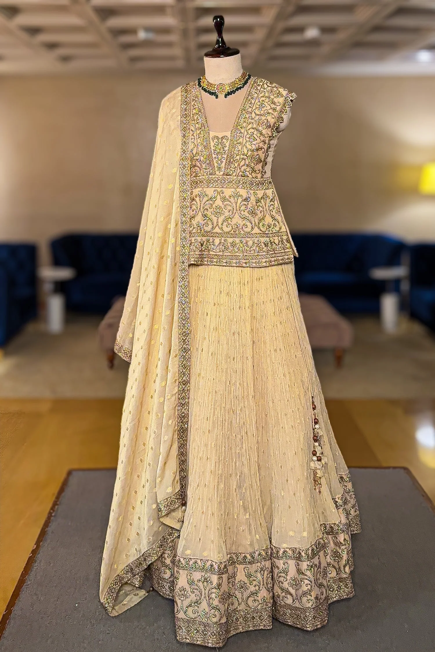 Cream Tissue Embroidered Lehenga Choli with Dupatta - Image 3
