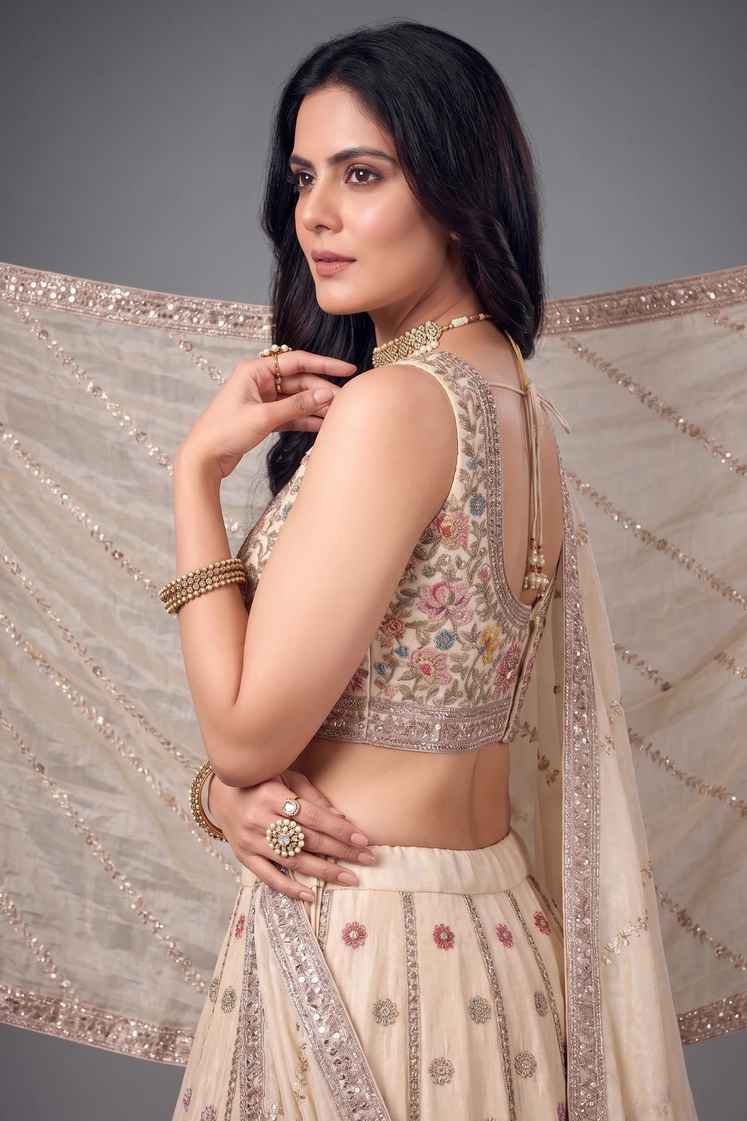 Cream Tissue Floral Embroidered Lehenga - Image 2