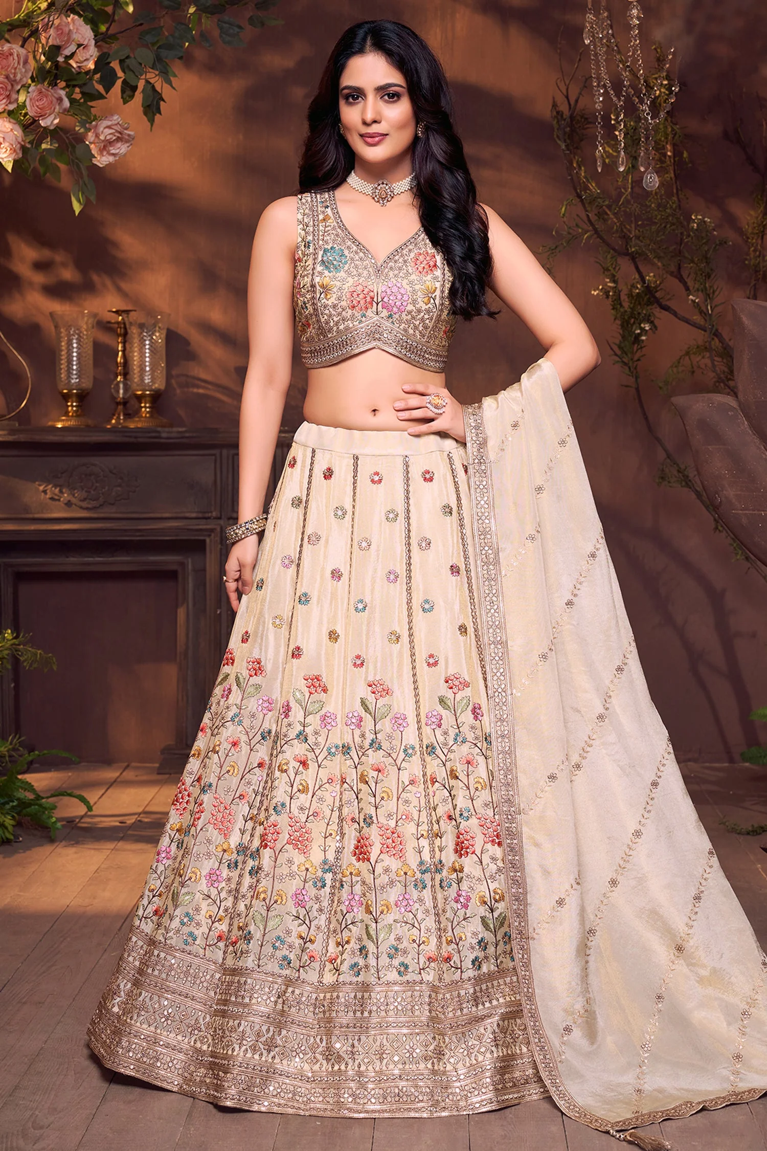 Cream Tissue Floral Embroidered Lehenga - Image 3