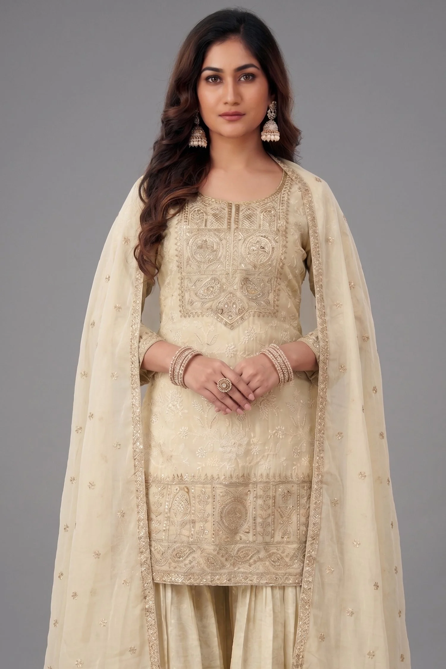 Cream Tissue Lucknowi Embroidered Sharara Suit with Sequin Work - Image 2