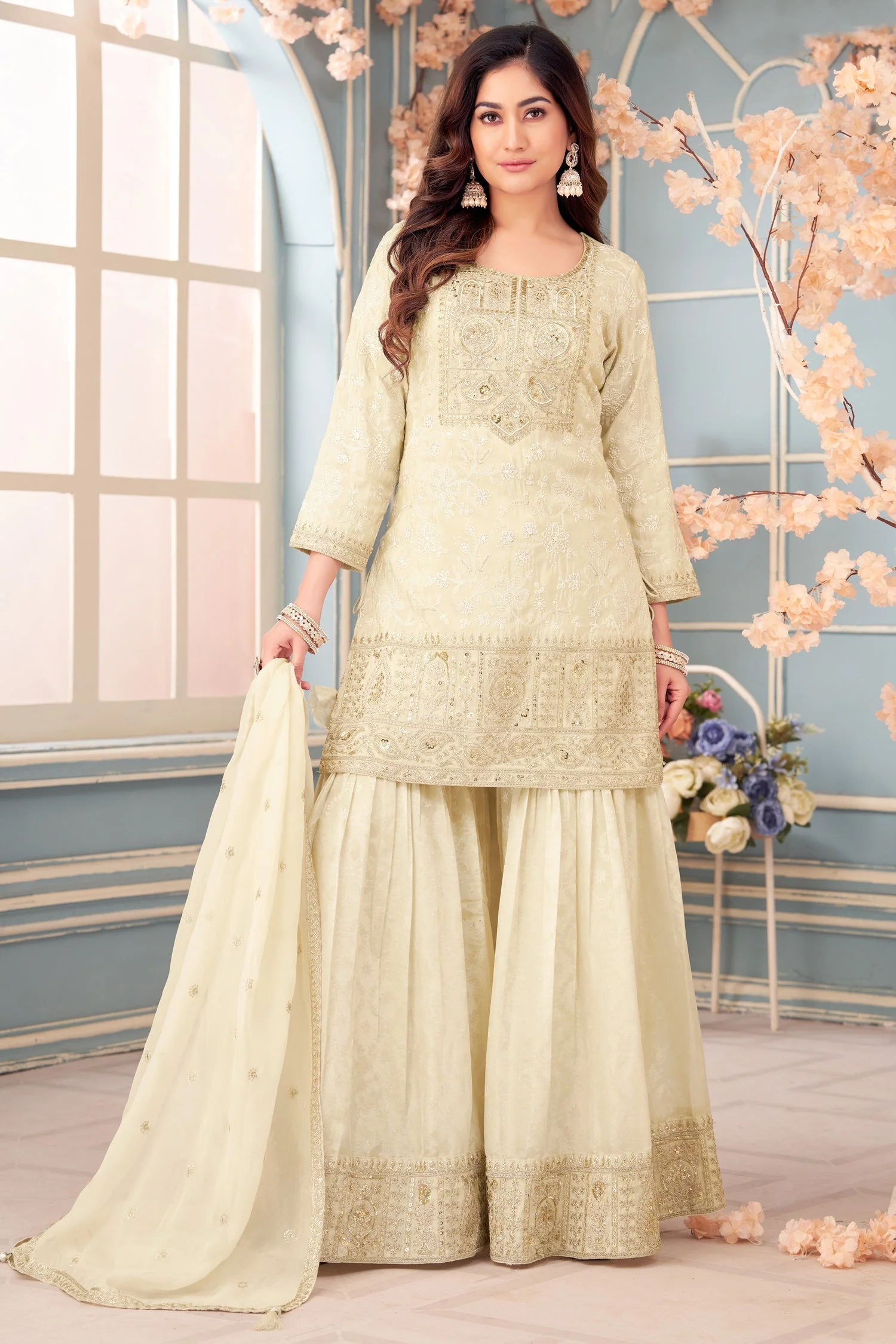 Cream Tissue Lucknowi Embroidered Sharara Suit with Sequin Work - Image 3