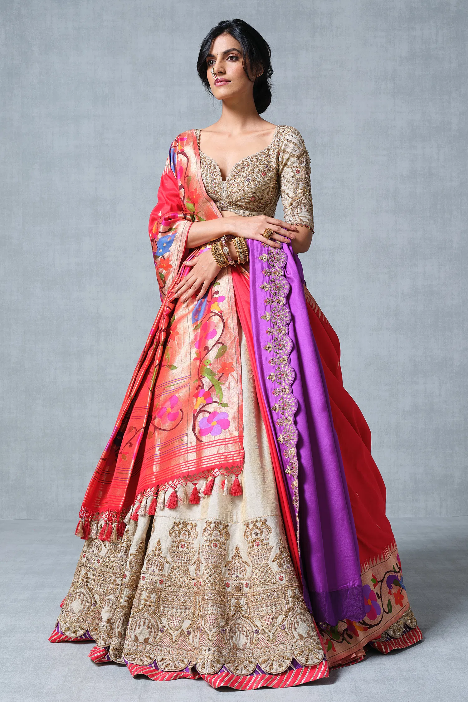 Cream Tissue Raw Silk Ajanta Ellora Inspired Border Lehenga with Mukaish Work - Image 2
