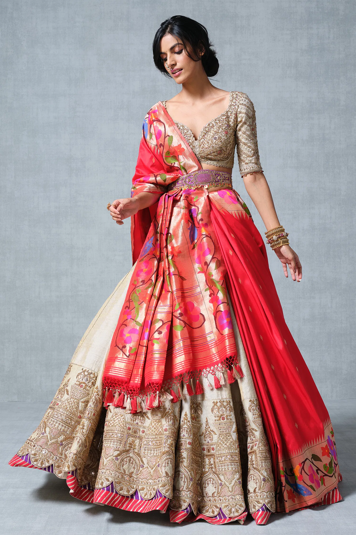 Cream Tissue Raw Silk Ajanta Ellora Inspired Border Lehenga with Mukaish Work - Image 3