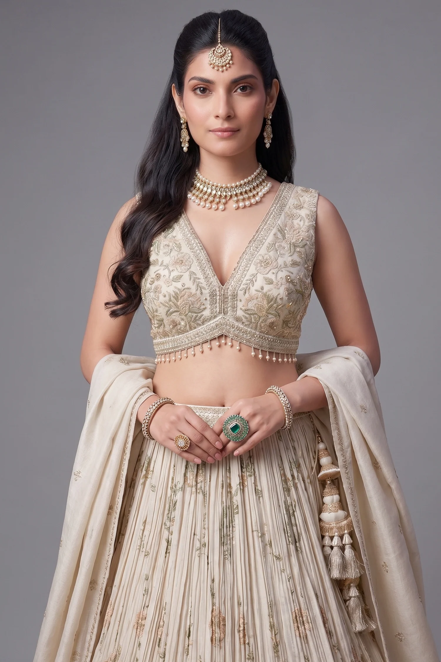 Cream Tissue Sequin and Floral Embroidery Work Pleated Lehenga - Image 2