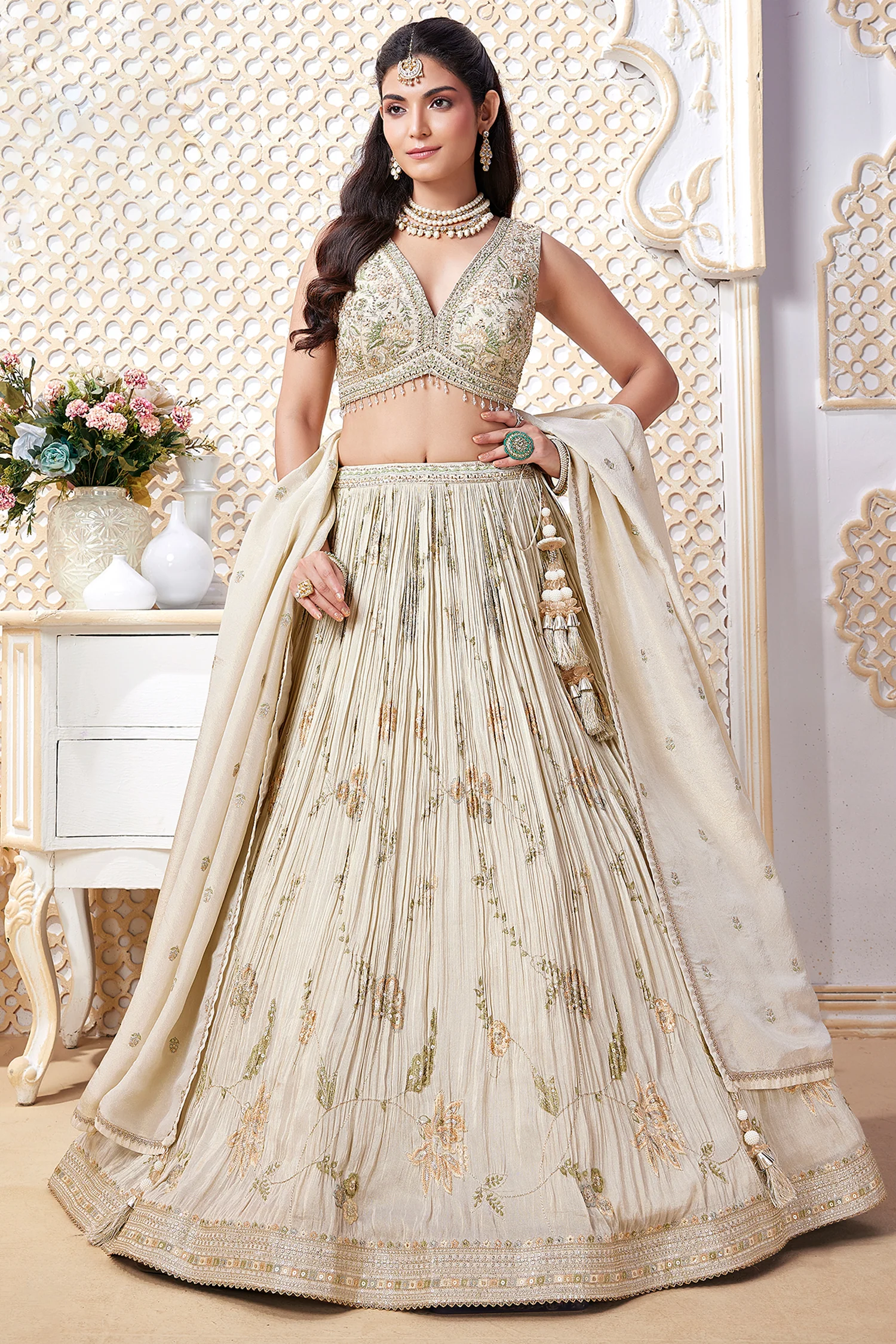 Cream Tissue Sequin and Floral Embroidery Work Pleated Lehenga - Image 3