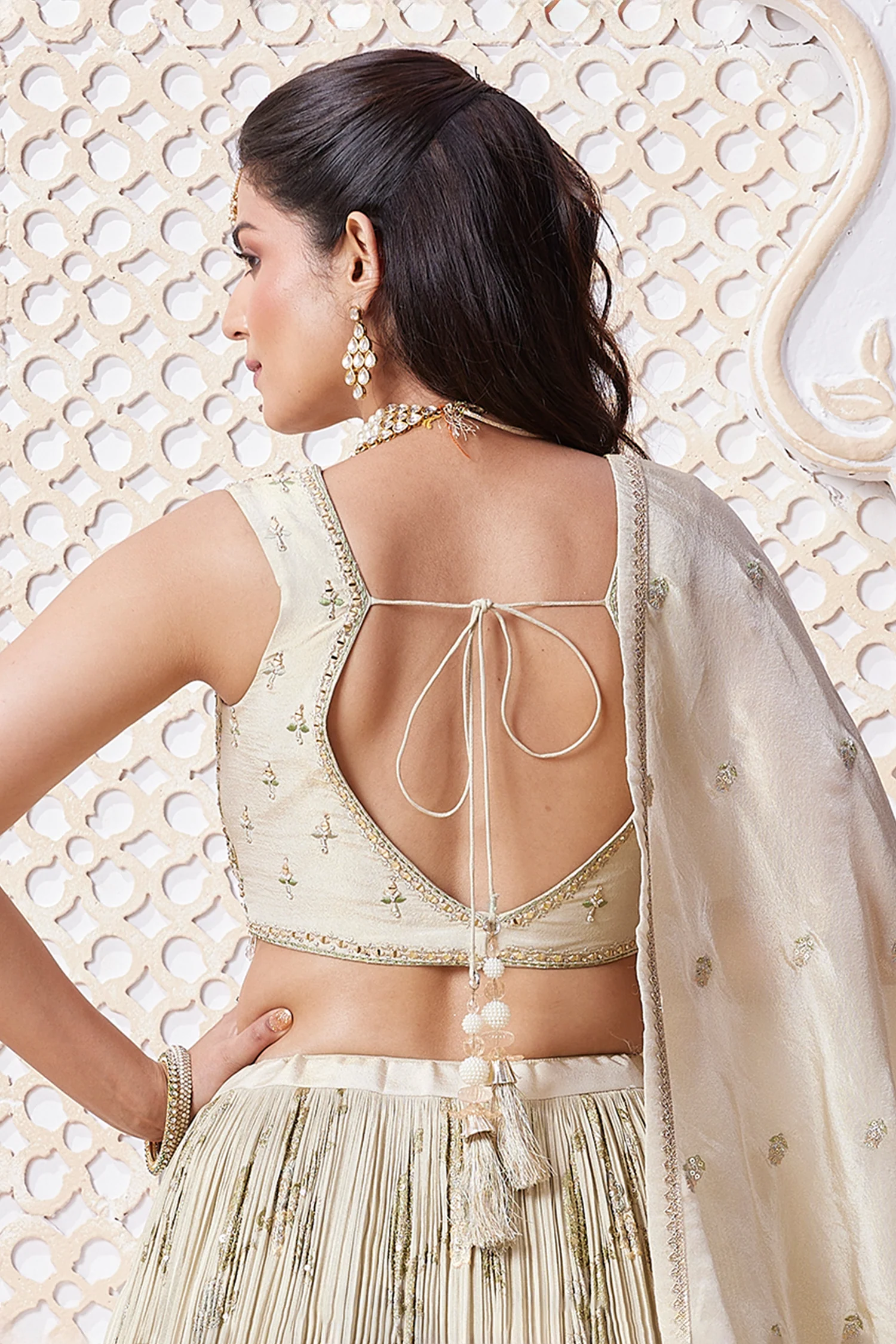 Cream Tissue Sequin and Floral Embroidery Work Pleated Lehenga - Image 4