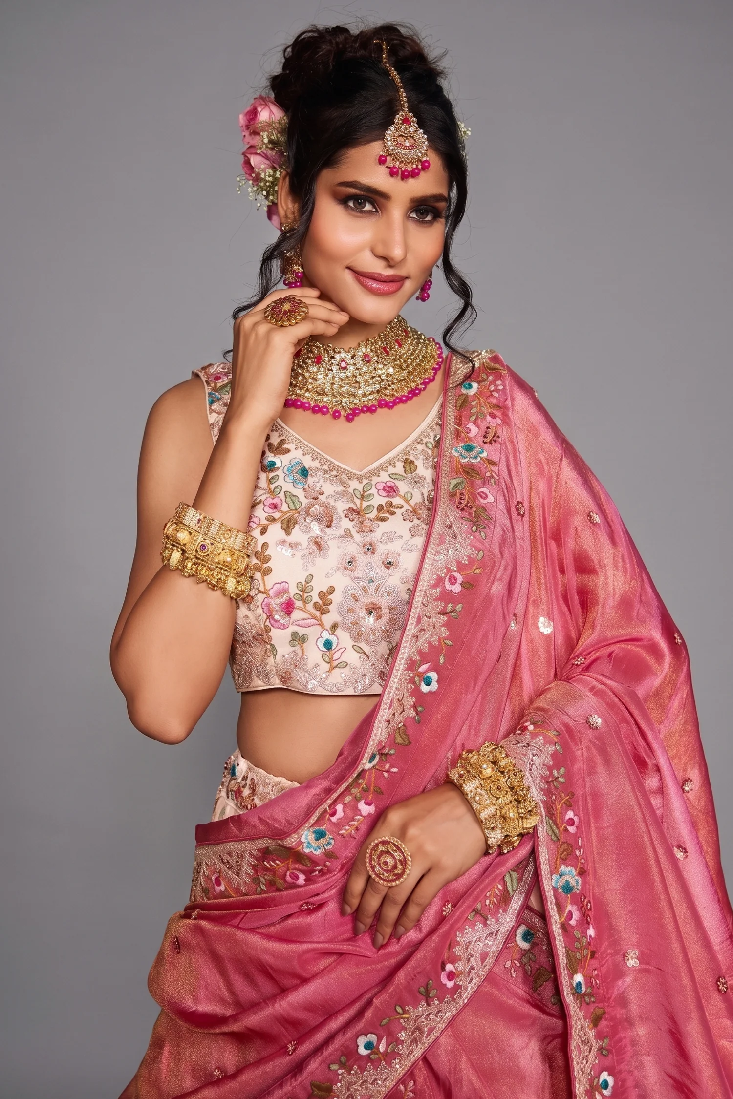 Cream Tissue Sequins Embroidery Lehenga - Image 2