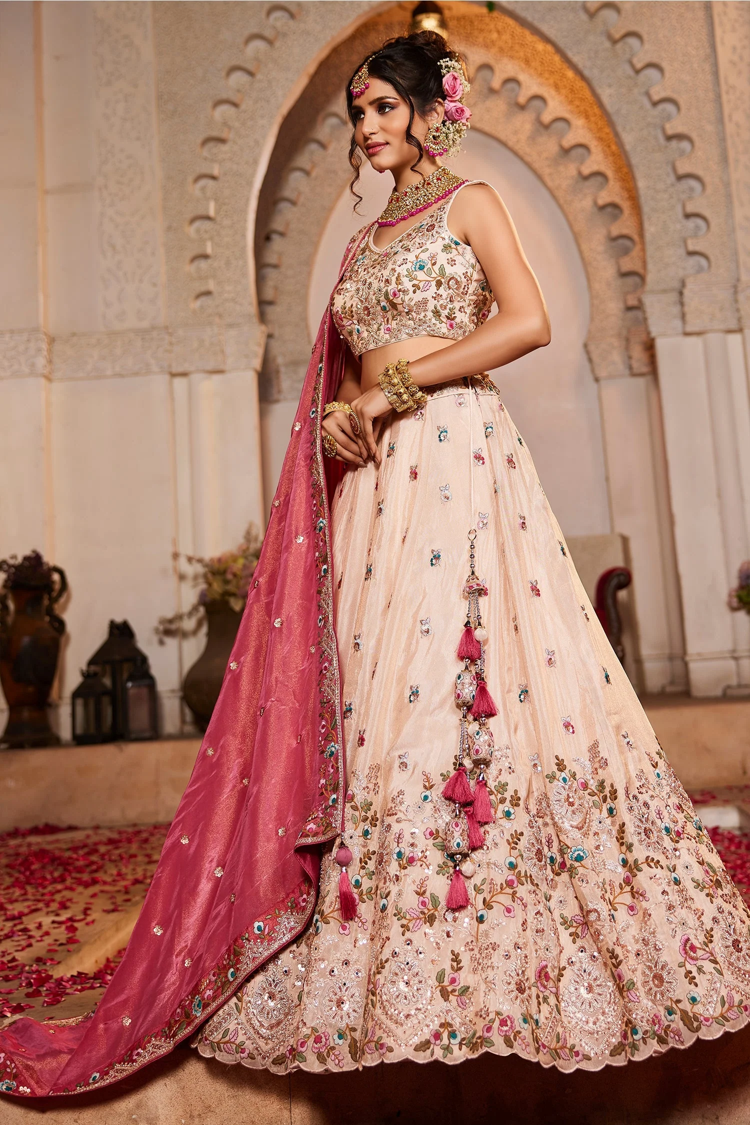 Cream Tissue Sequins Embroidery Lehenga - Image 3