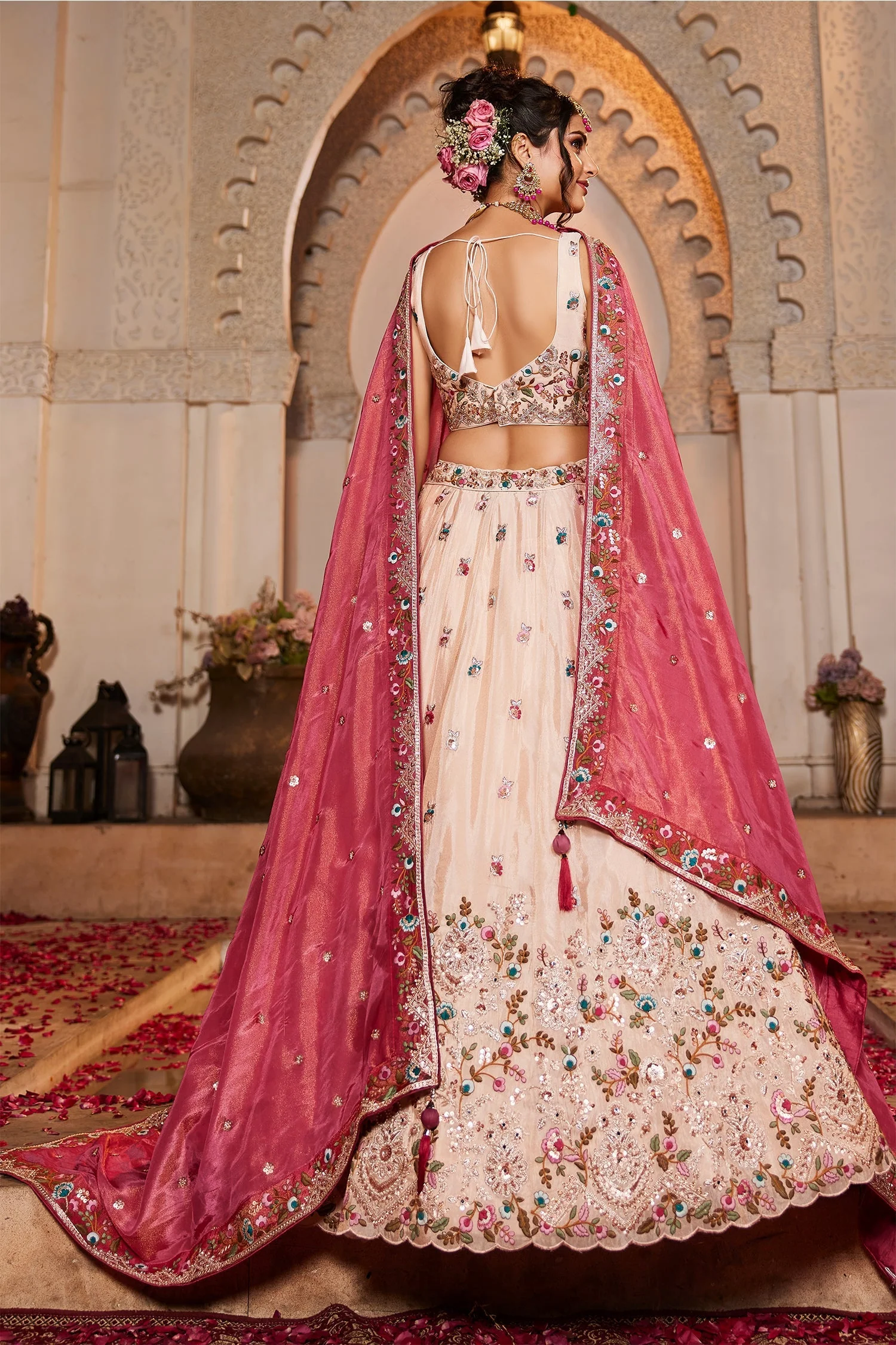 Cream Tissue Sequins Embroidery Lehenga - Image 4