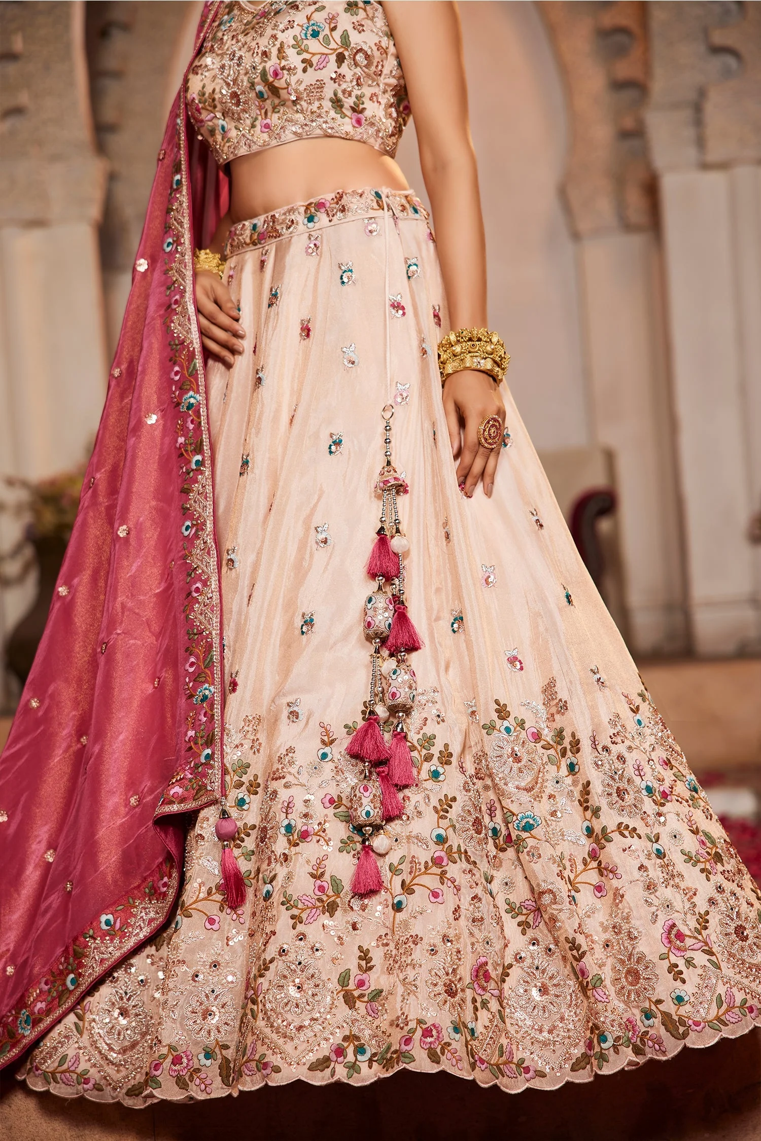 Cream Tissue Sequins Embroidery Lehenga - Image 5
