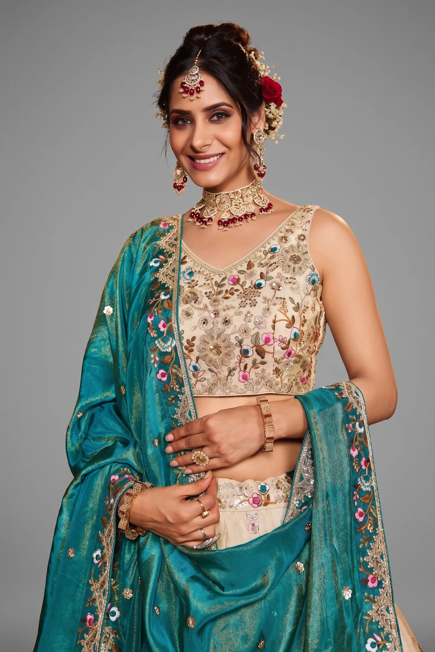 Cream Tissue Sequins Embroidery Lehenga - Image 2