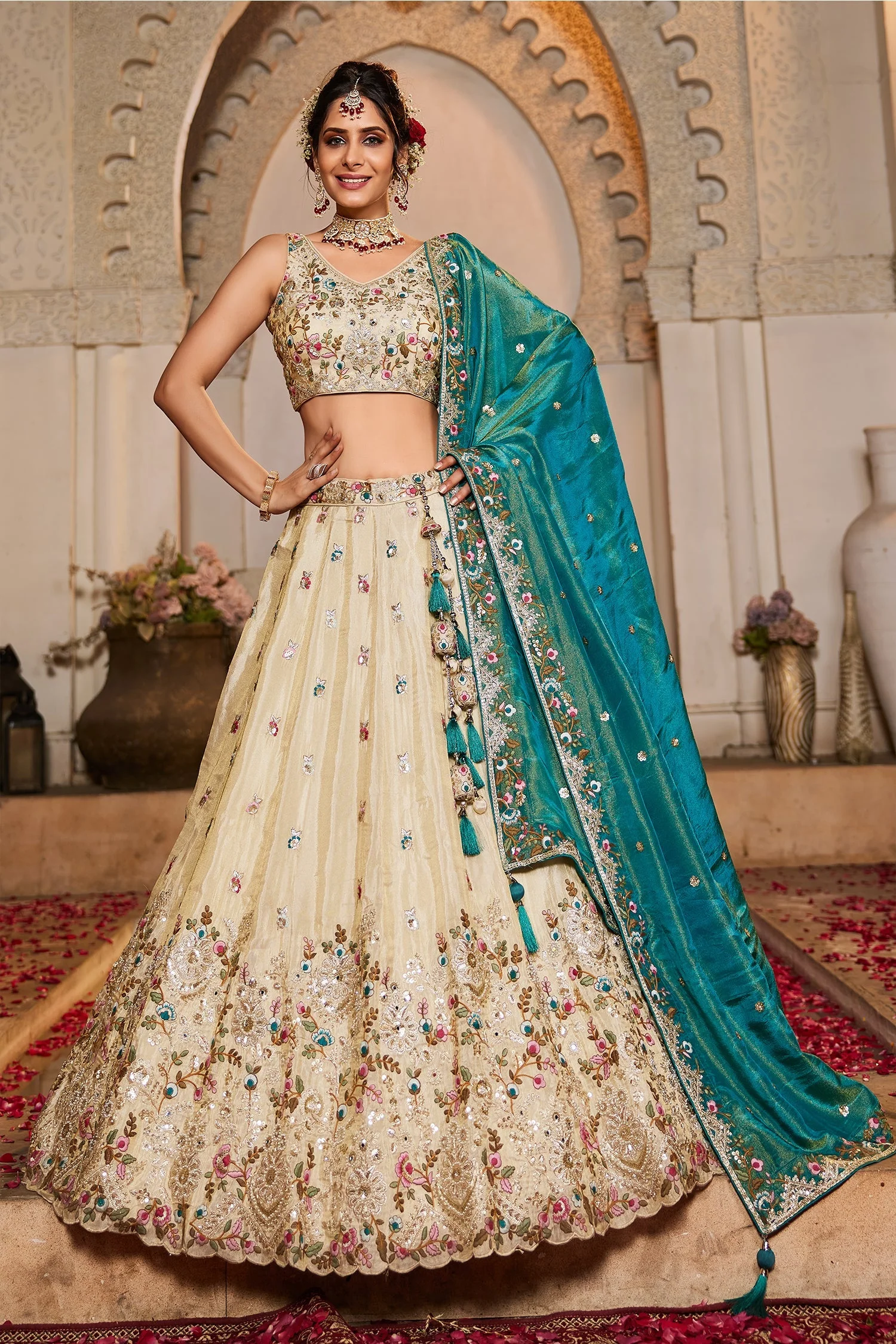 Cream Tissue Sequins Embroidery Lehenga - Image 3