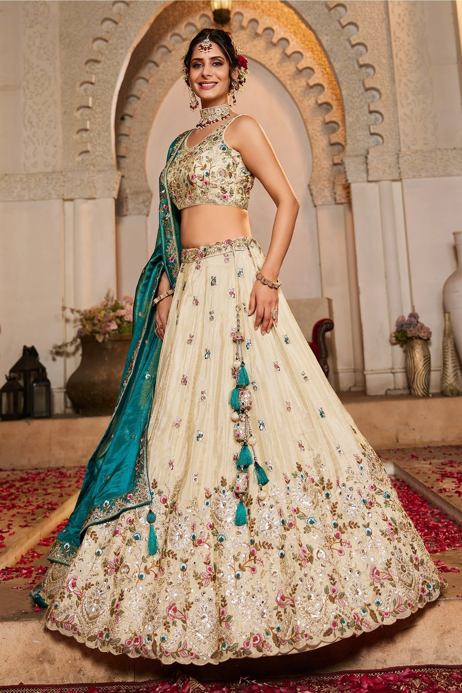 Cream Tissue Sequins Embroidery Lehenga - Image 4