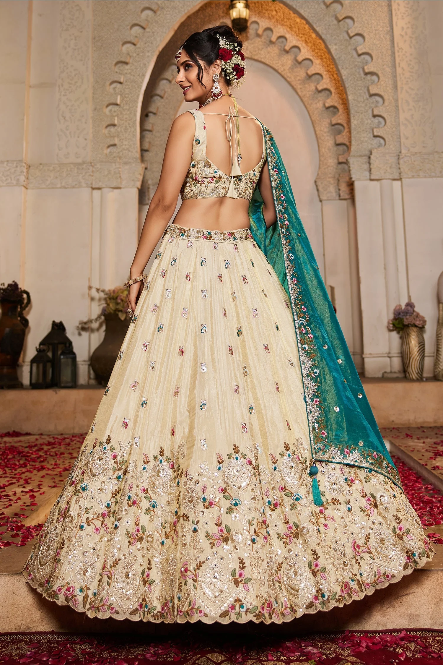 Cream Tissue Sequins Embroidery Lehenga - Image 5
