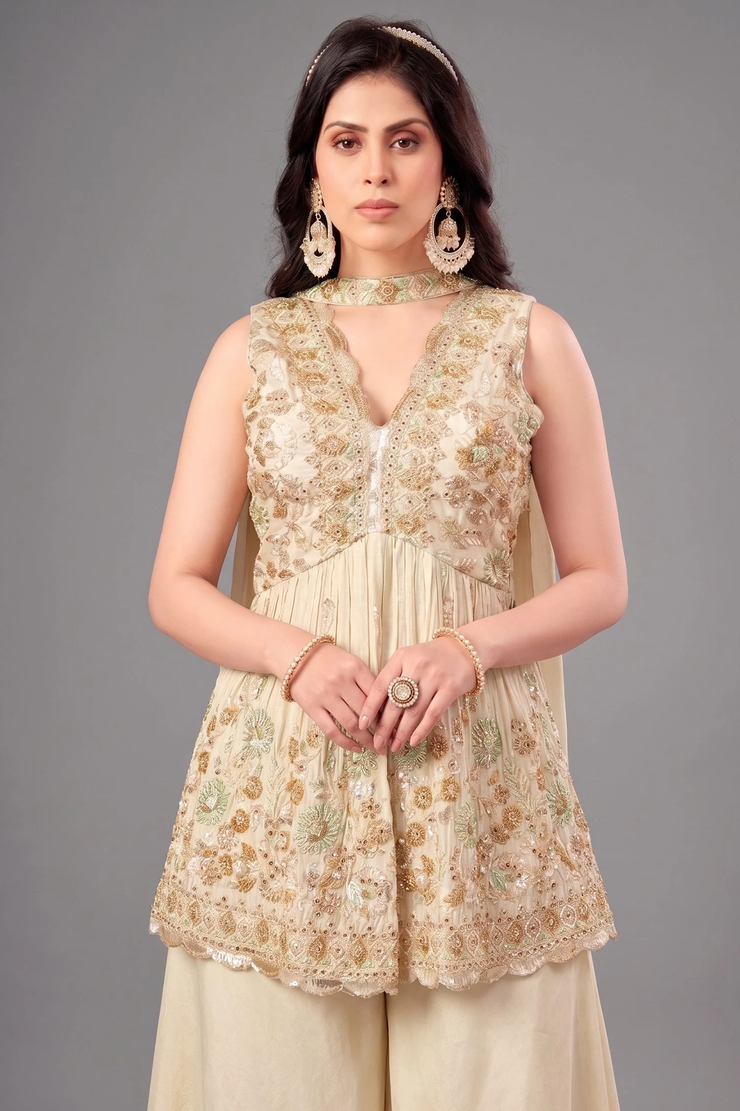 Cream Tissue Silk Beads and Cutdana Worked Peplum Palazzo Suit - Image 2