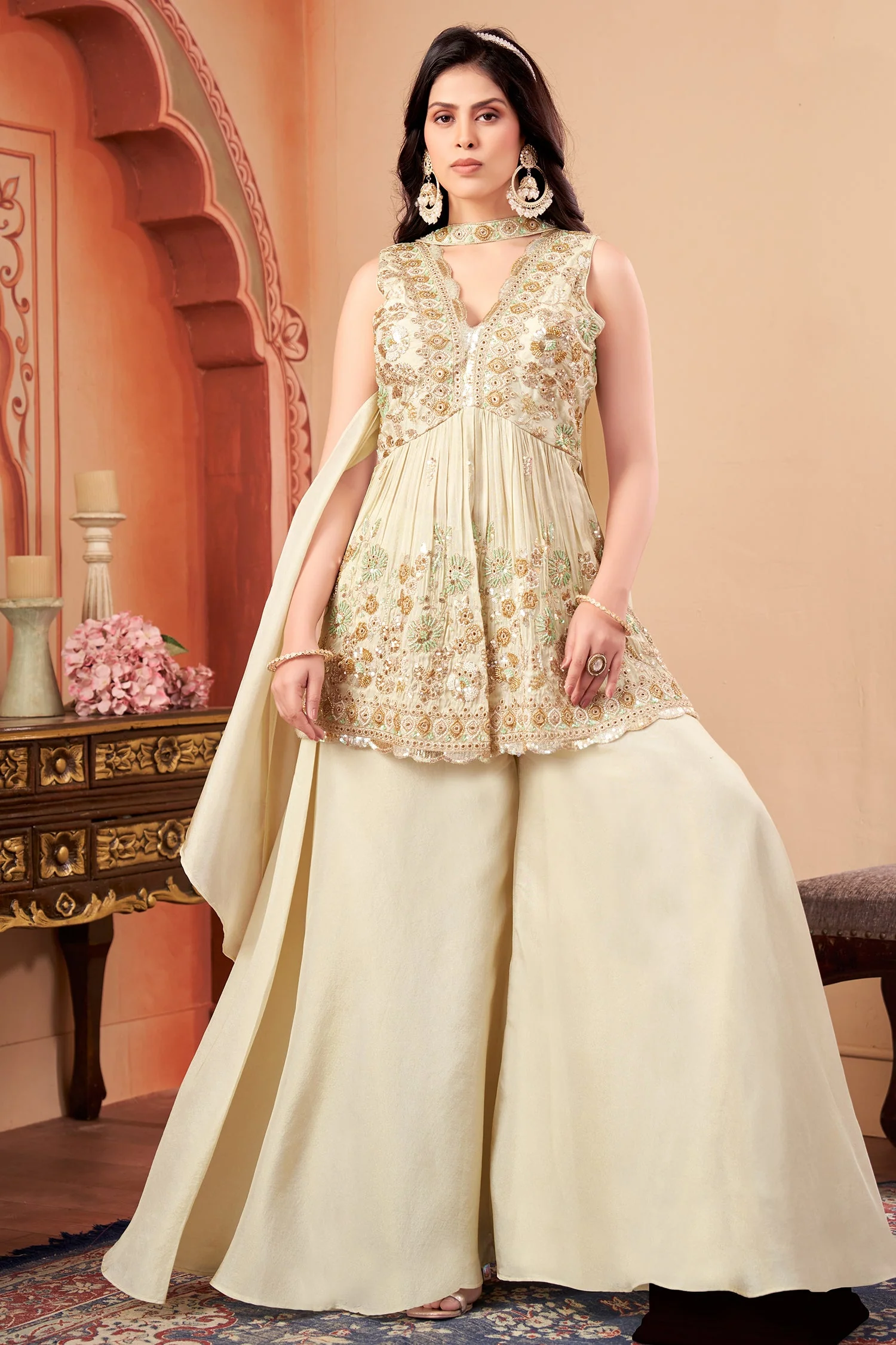 Cream Tissue Silk Beads and Cutdana Worked Peplum Palazzo Suit - Image 3