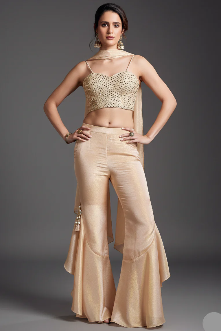 Cream Tissue Silk Mirror Embroidered Crop Top Palazzo Set
