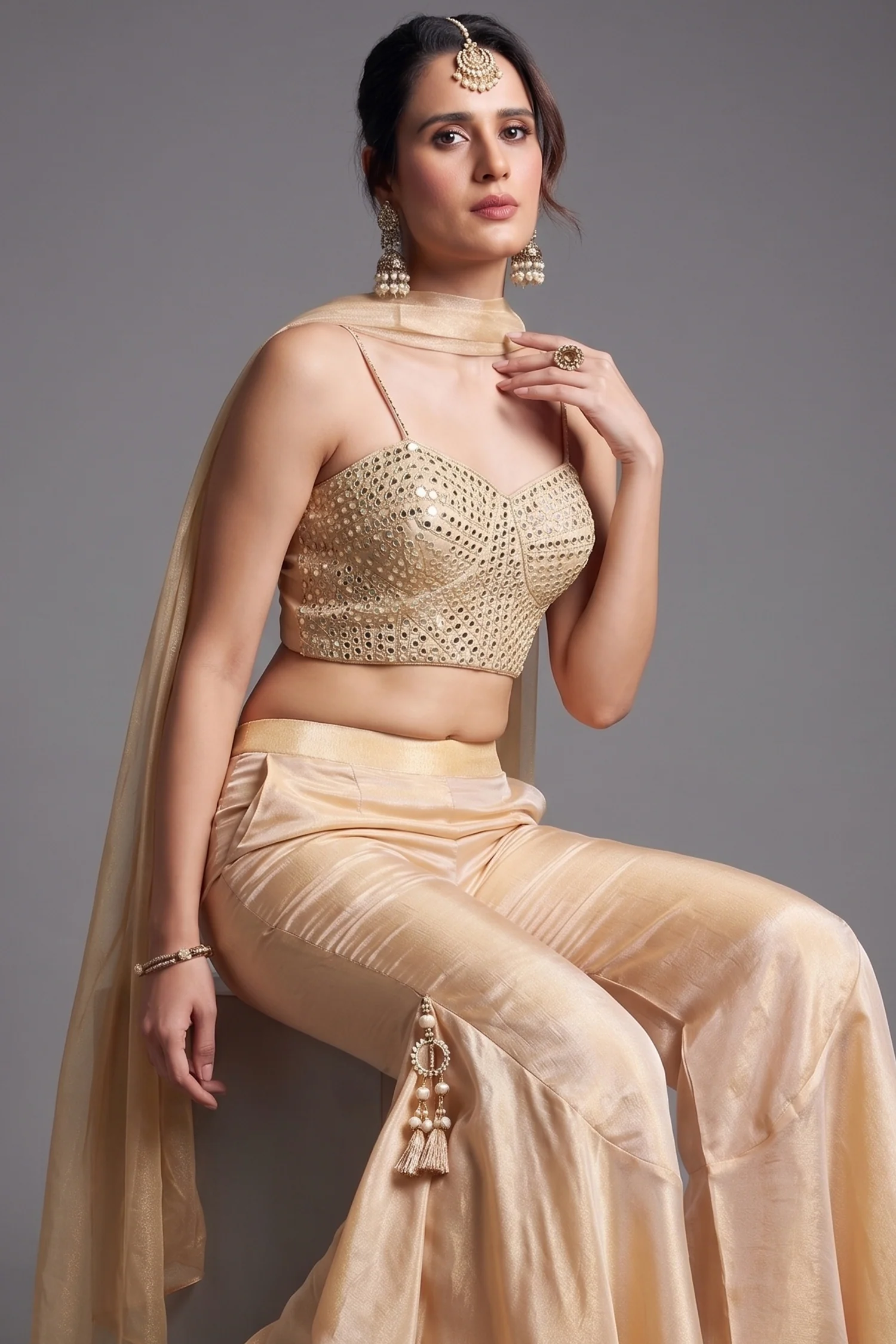 Cream Tissue Silk Mirror Embroidered Crop Top Palazzo Set - Image 2