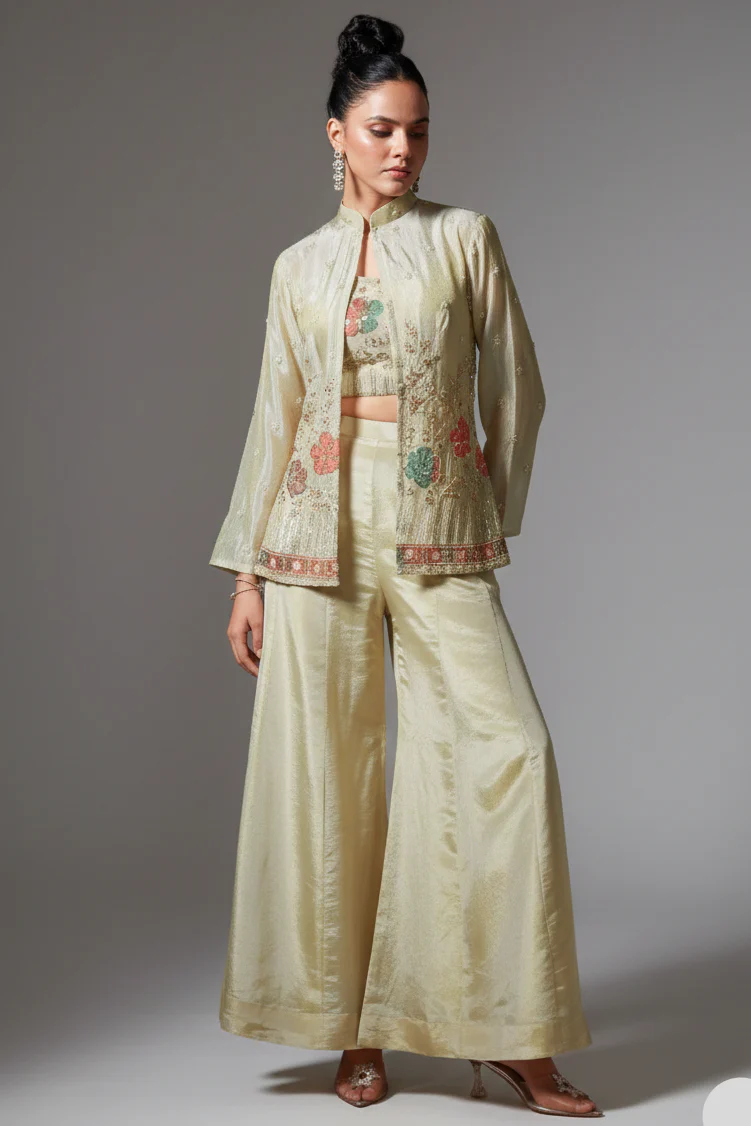 Cream Tissue Silk Sequin Beaded Worked Crop Top Palazzo Set