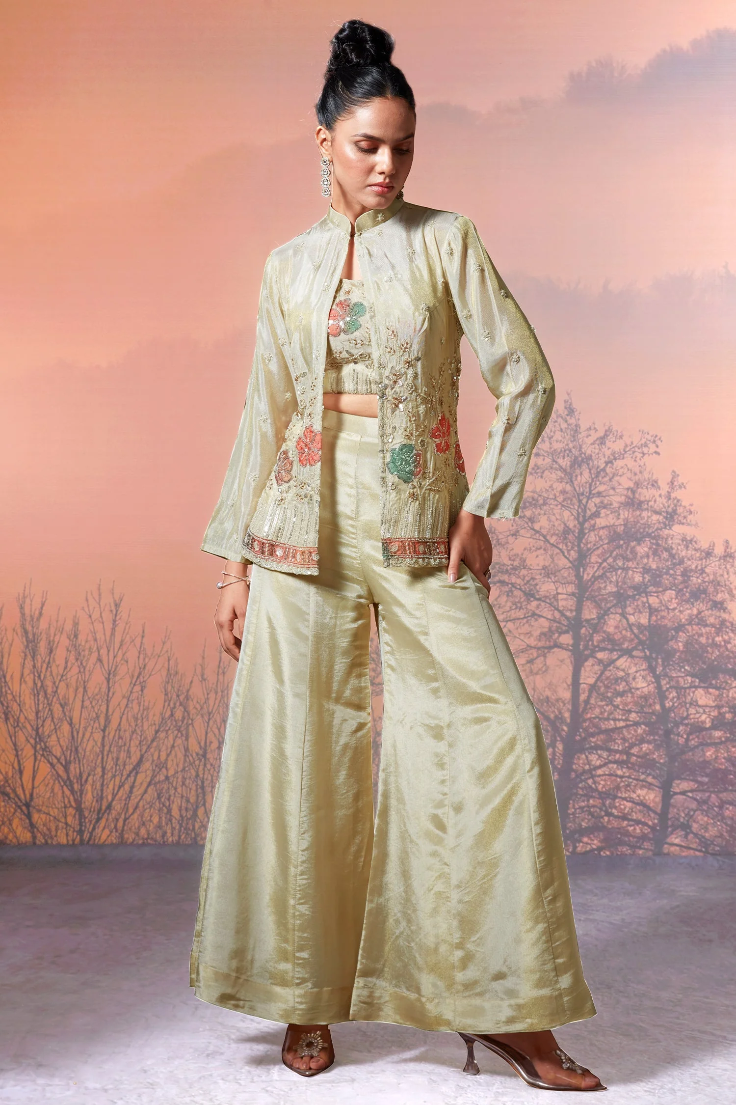 Cream Tissue Silk Sequin Beaded Worked Crop Top Palazzo Set - Image 2