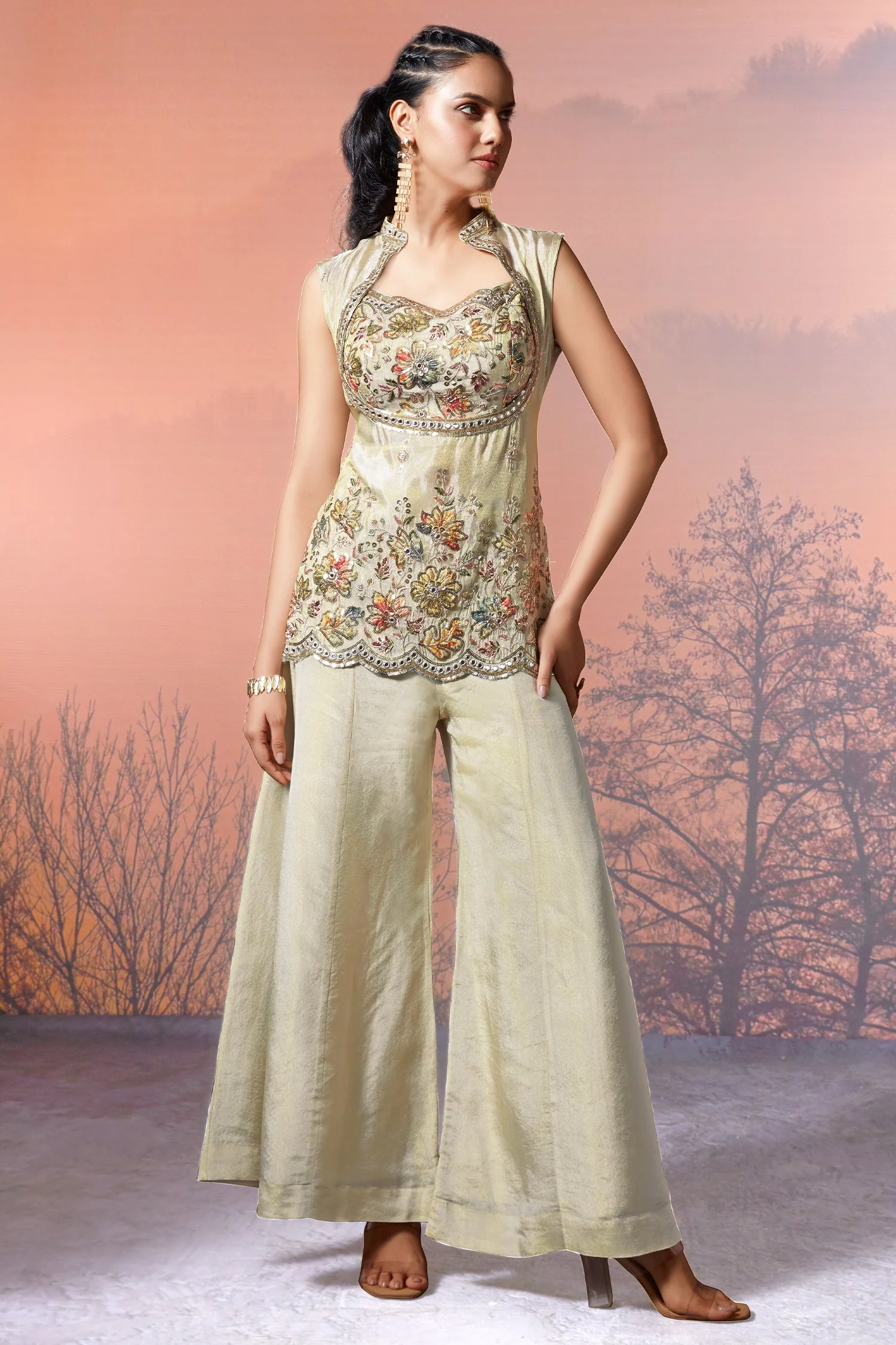 Cream Tissue Silk Sequins Cutdana Work Palazzo Suit - Image 2