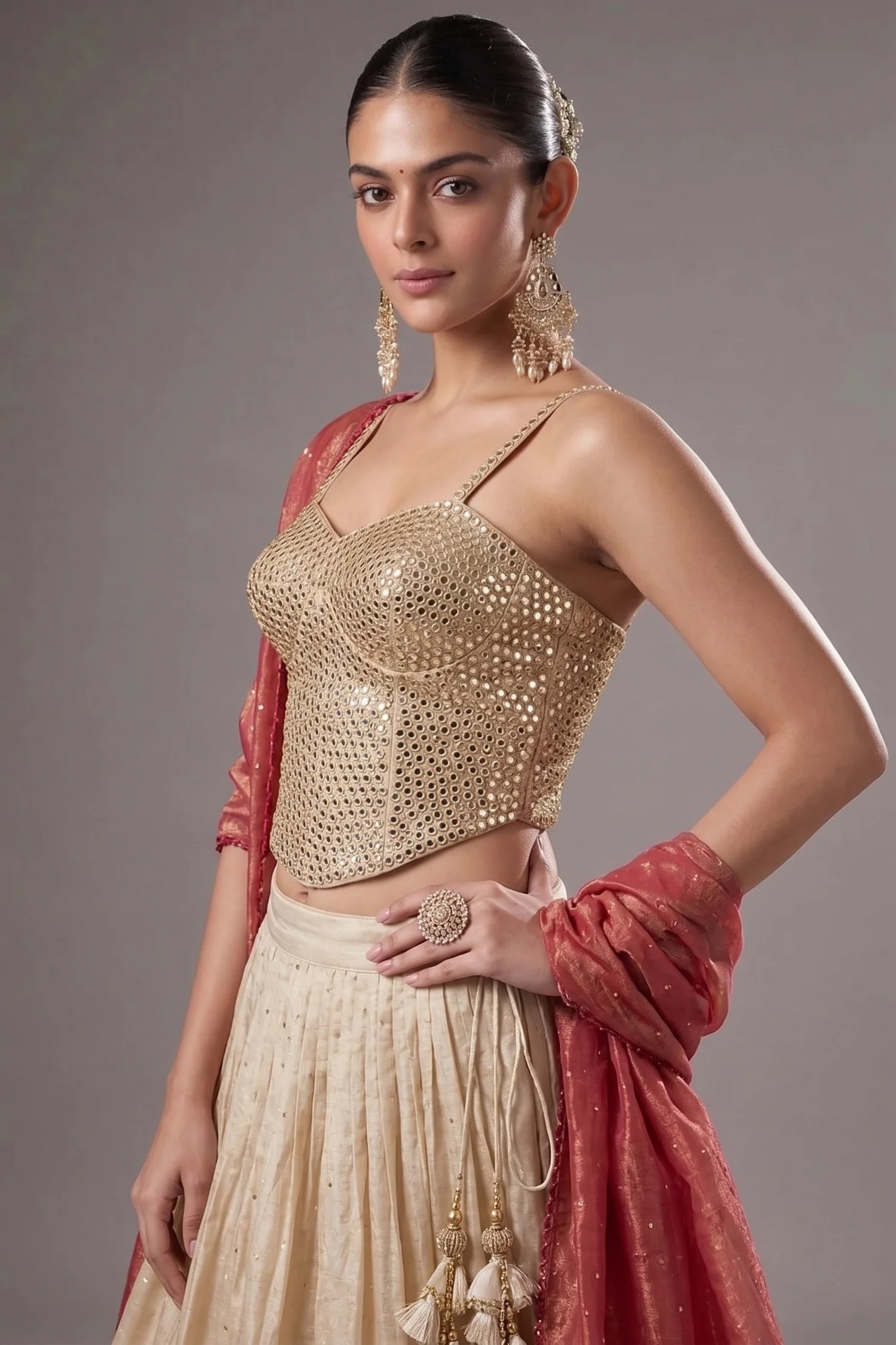 Cream Tissue Woven Pleated Lehenga with Mirror Work Corset - Image 2