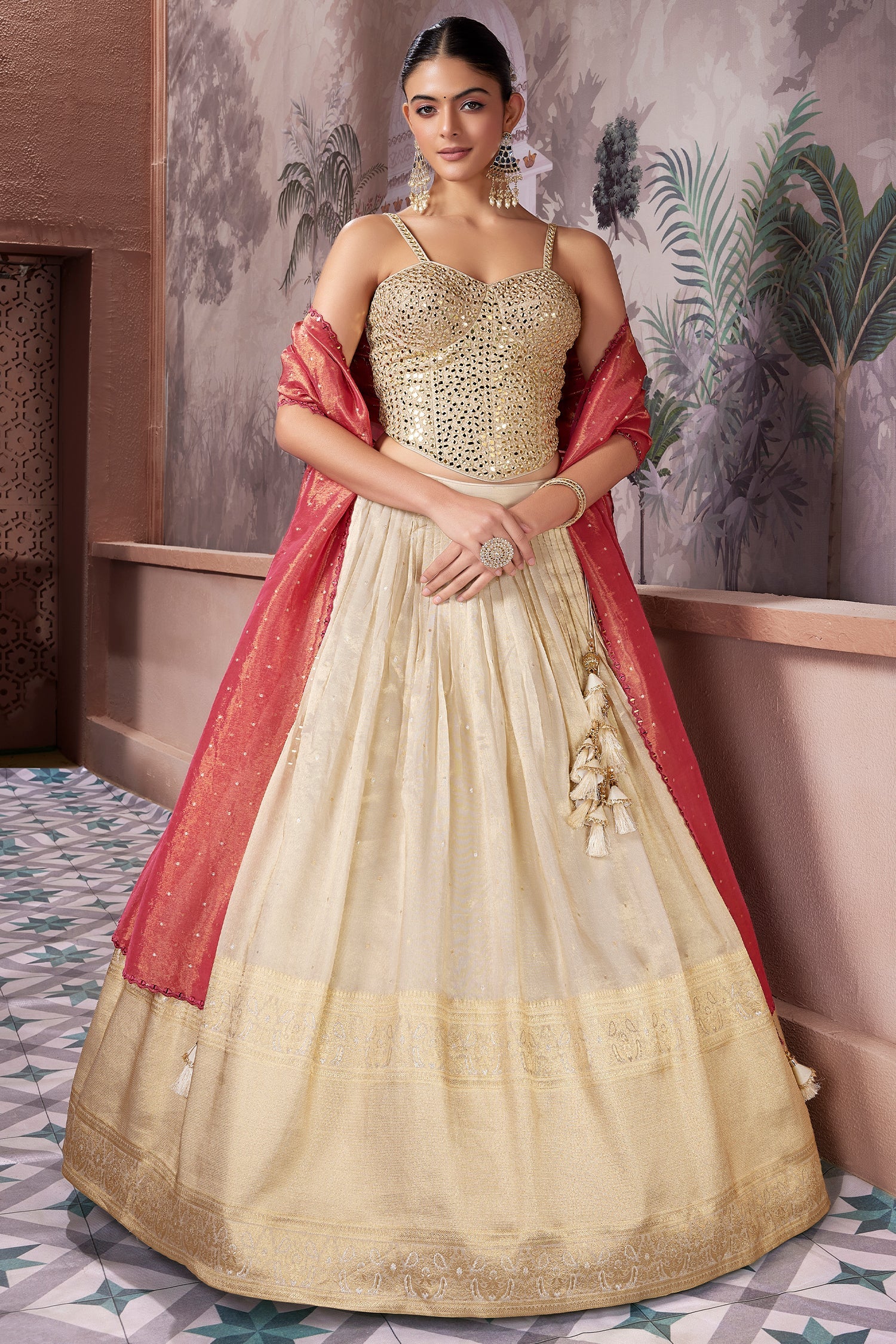 Cream Tissue Woven Pleated Lehenga with Mirror Work Corset - Image 3