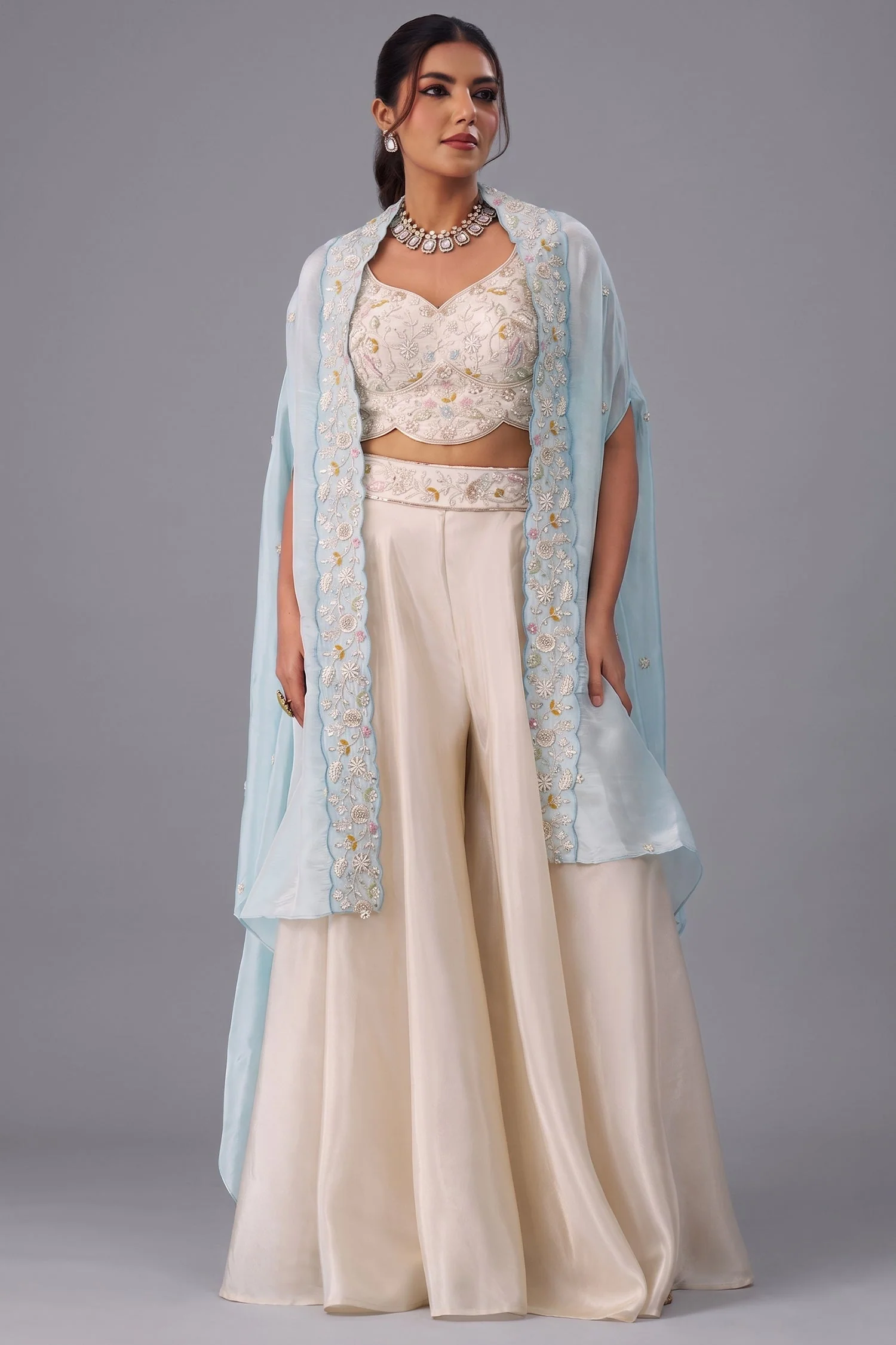 Cream Viscoce Beads Embroidered Crop Top with Flared Cape and Palazzo Set