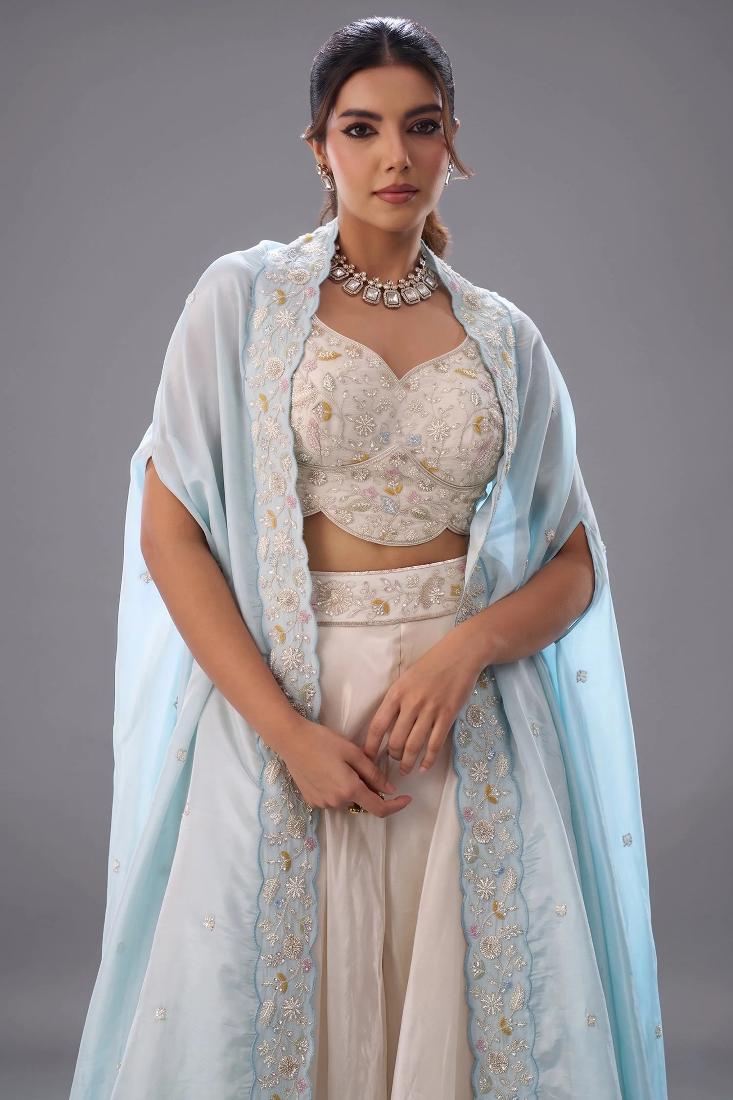 Cream Viscoce Beads Embroidered Crop Top with Flared Cape and Palazzo Set - Image 2