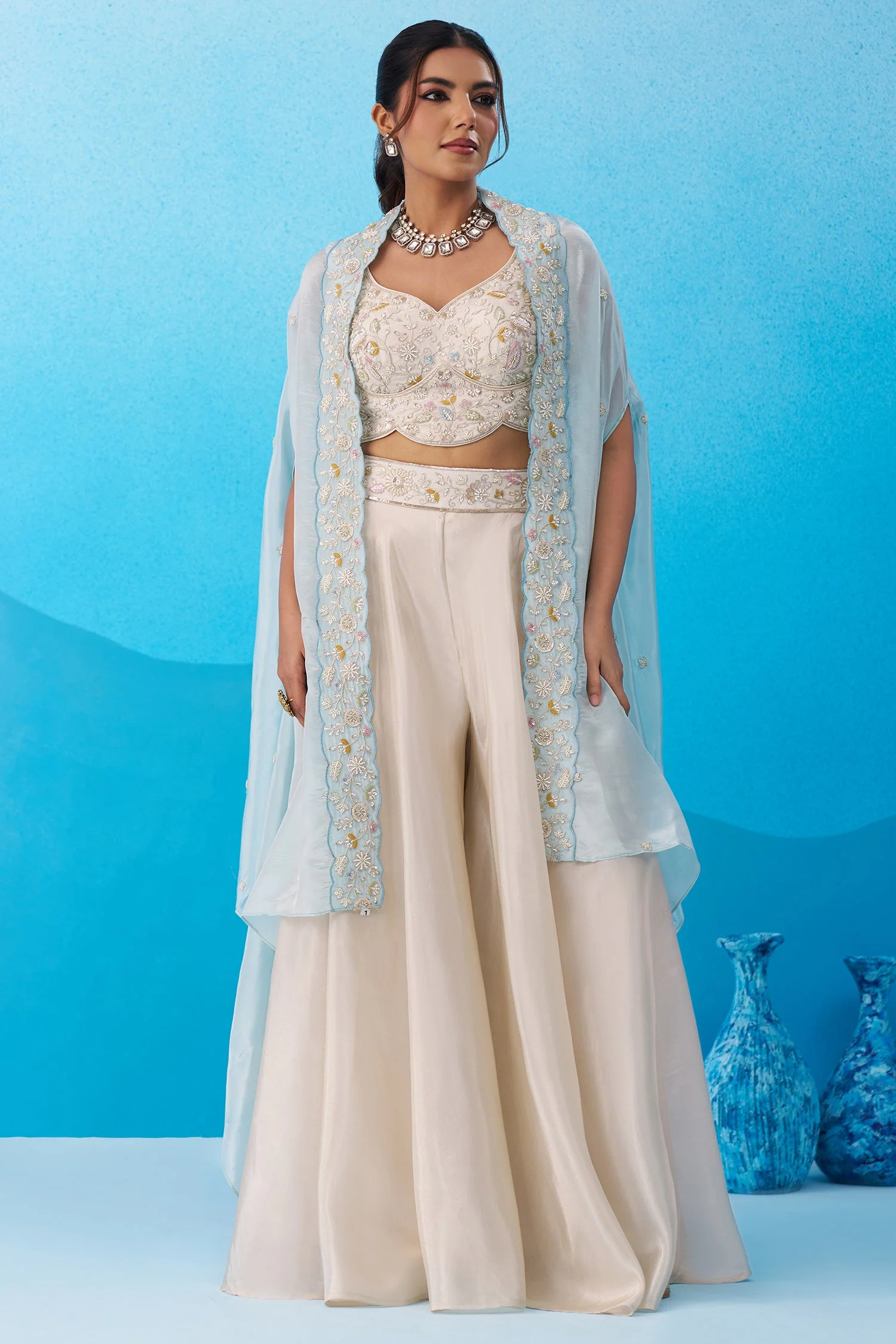 Cream Viscoce Beads Embroidered Crop Top with Flared Cape and Palazzo Set - Image 3