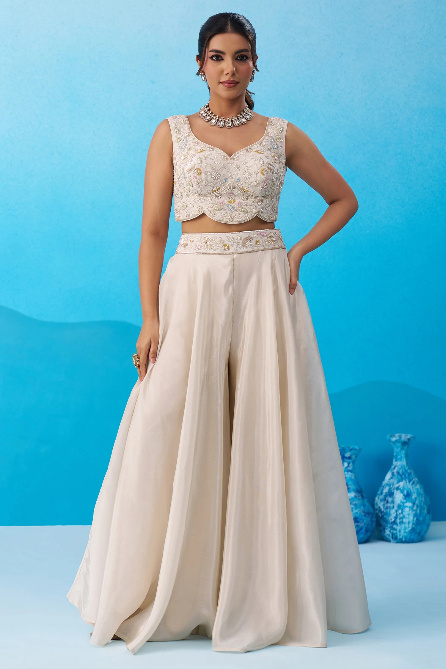 Cream Viscoce Beads Embroidered Crop Top with Flared Cape and Palazzo Set - Image 4