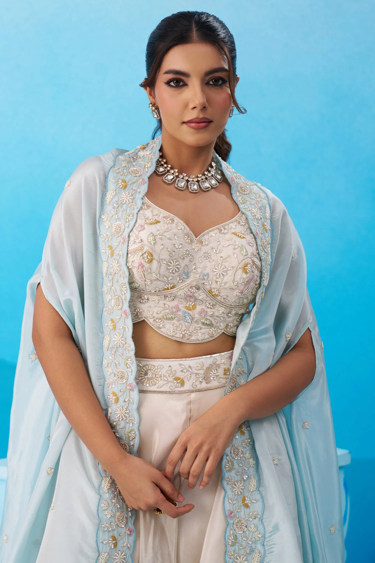 Cream Viscoce Beads Embroidered Crop Top with Flared Cape and Palazzo Set - Image 5