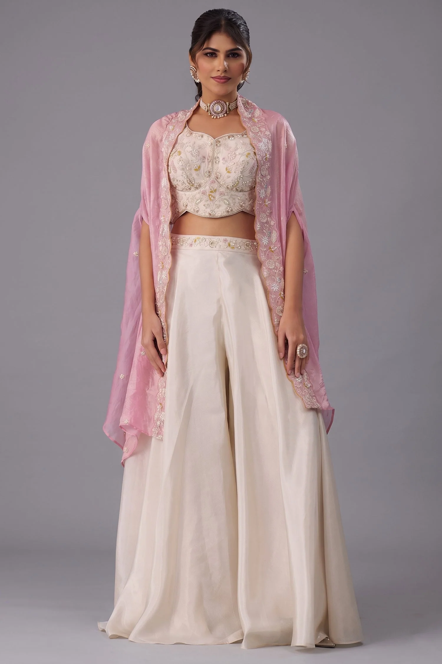 Cream Viscoce Embroidered Crop Top with Flared Cape And Palazzo Set