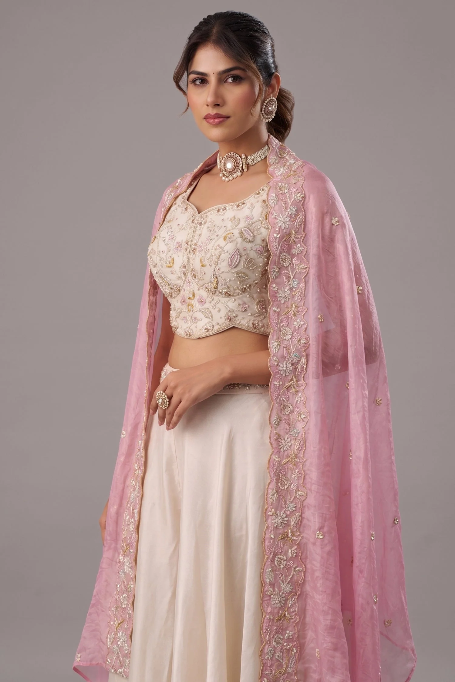 Cream Viscoce Embroidered Crop Top with Flared Cape And Palazzo Set - Image 2