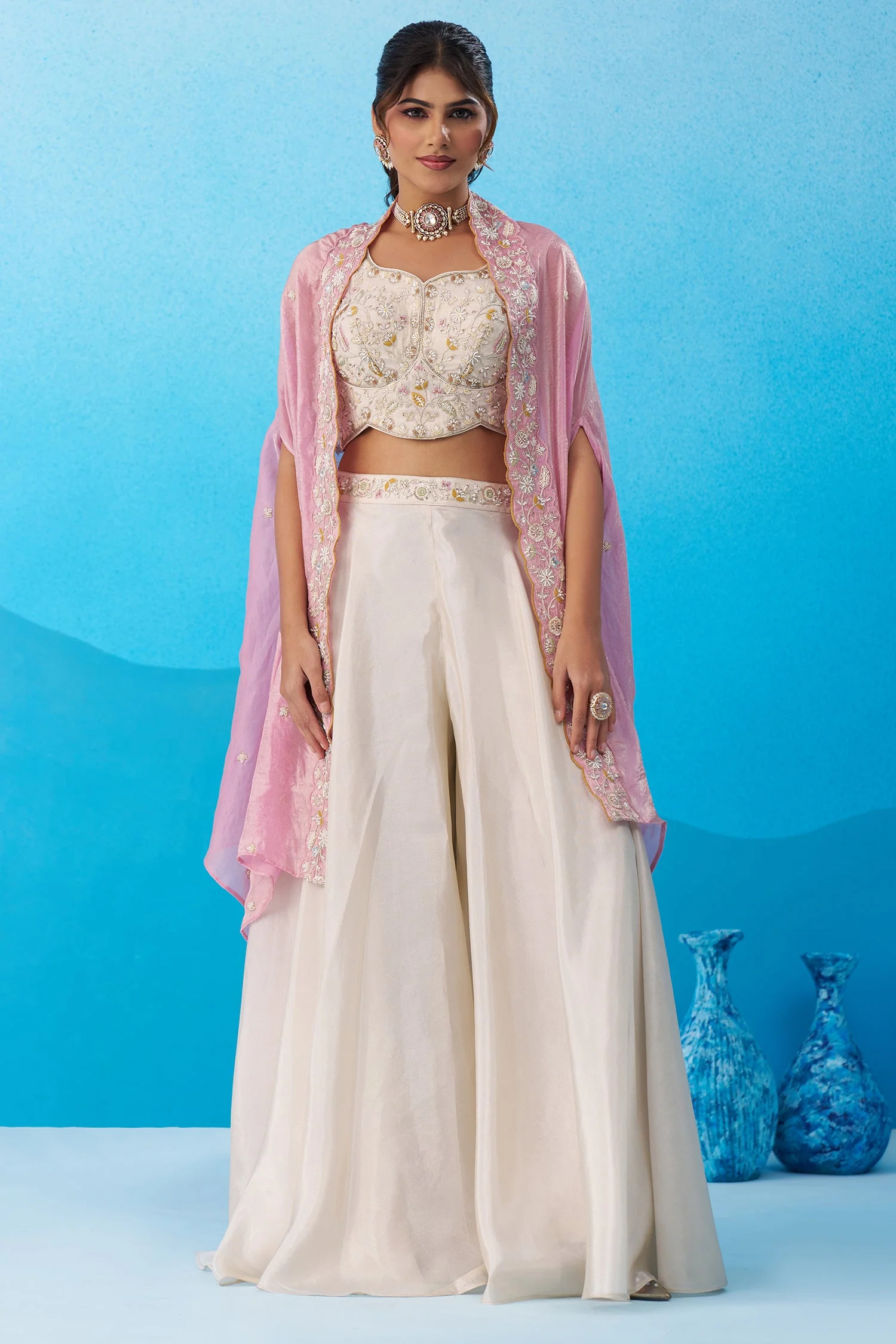 Cream Viscoce Embroidered Crop Top with Flared Cape And Palazzo Set - Image 3