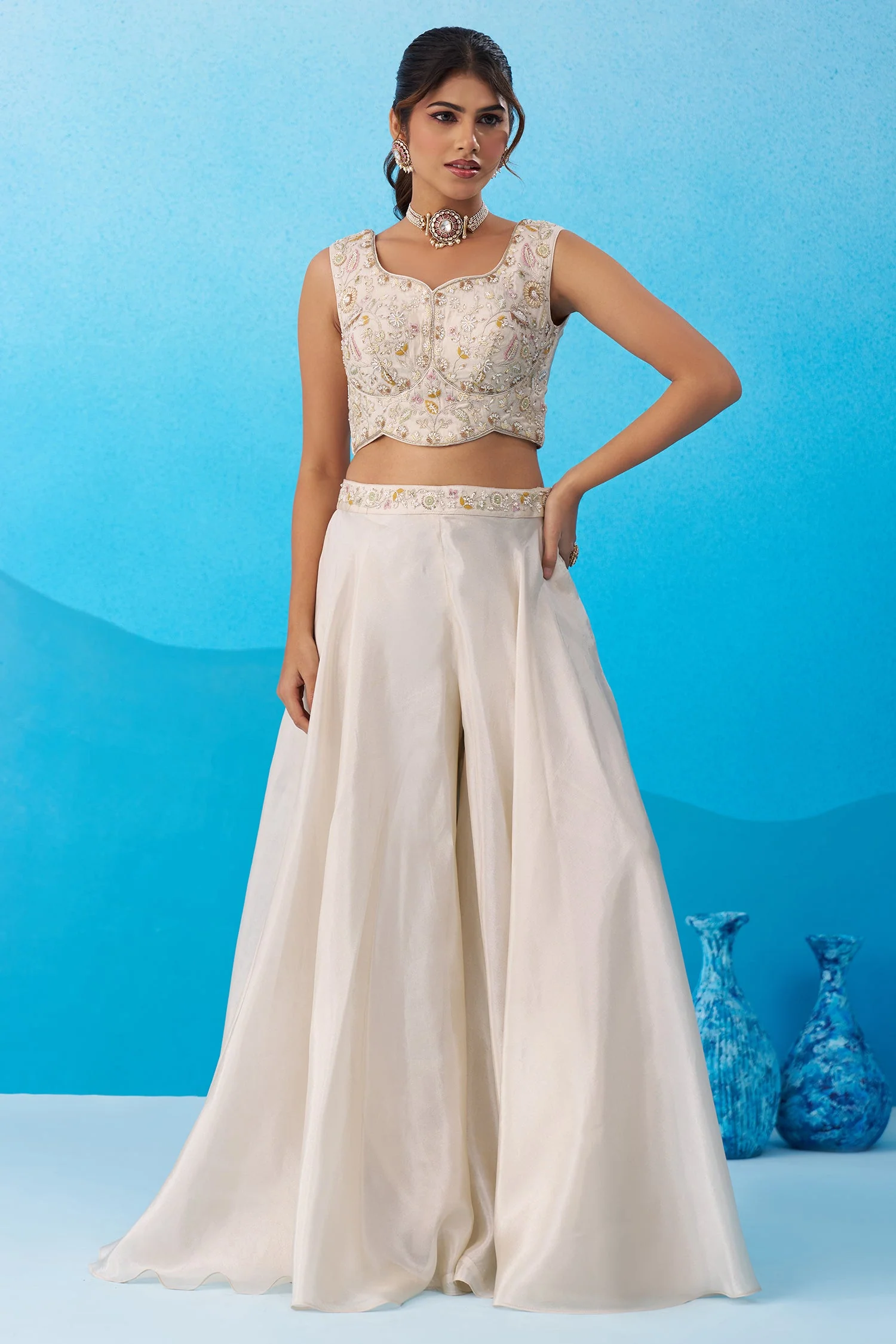 Cream Viscoce Embroidered Crop Top with Flared Cape And Palazzo Set - Image 4