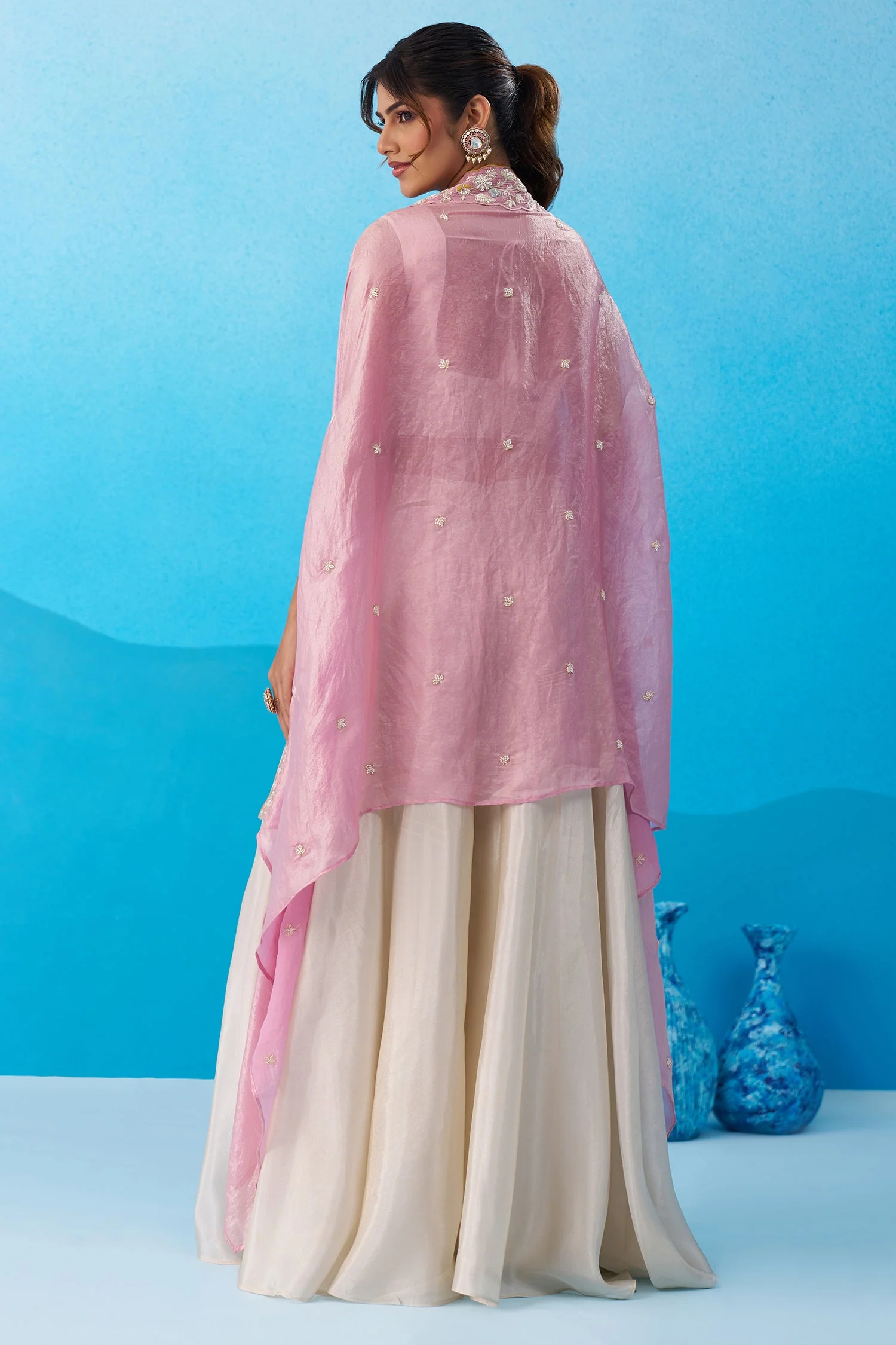 Cream Viscoce Embroidered Crop Top with Flared Cape And Palazzo Set - Image 5